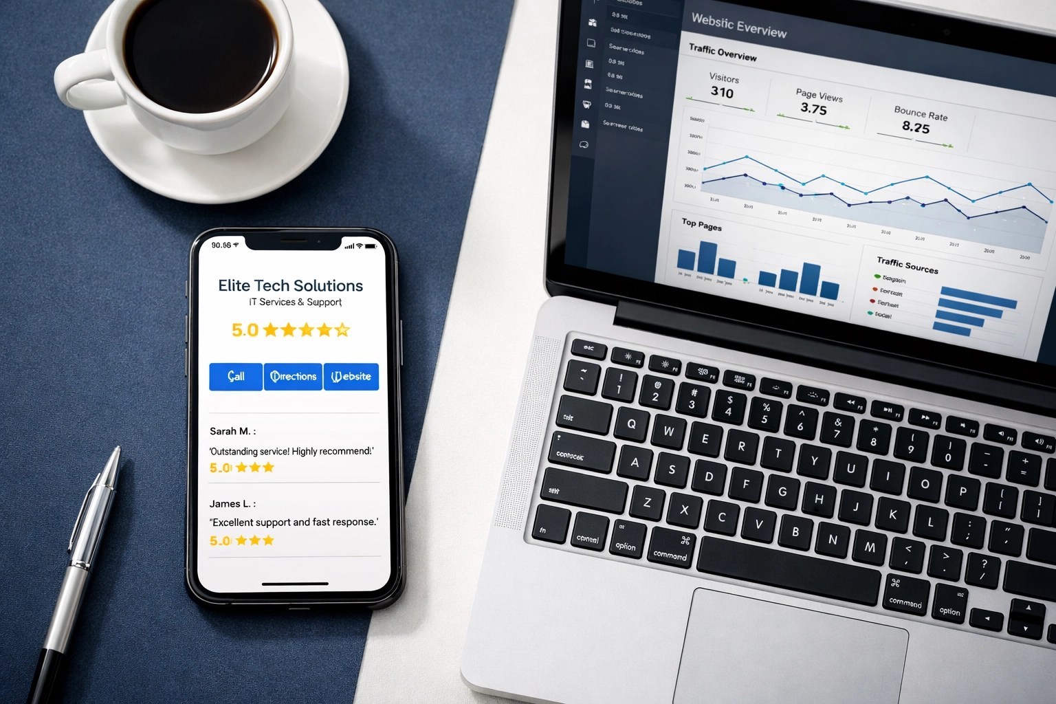 Google Business Profile with five-star reviews displayed on smartphone next to laptop showing analytics