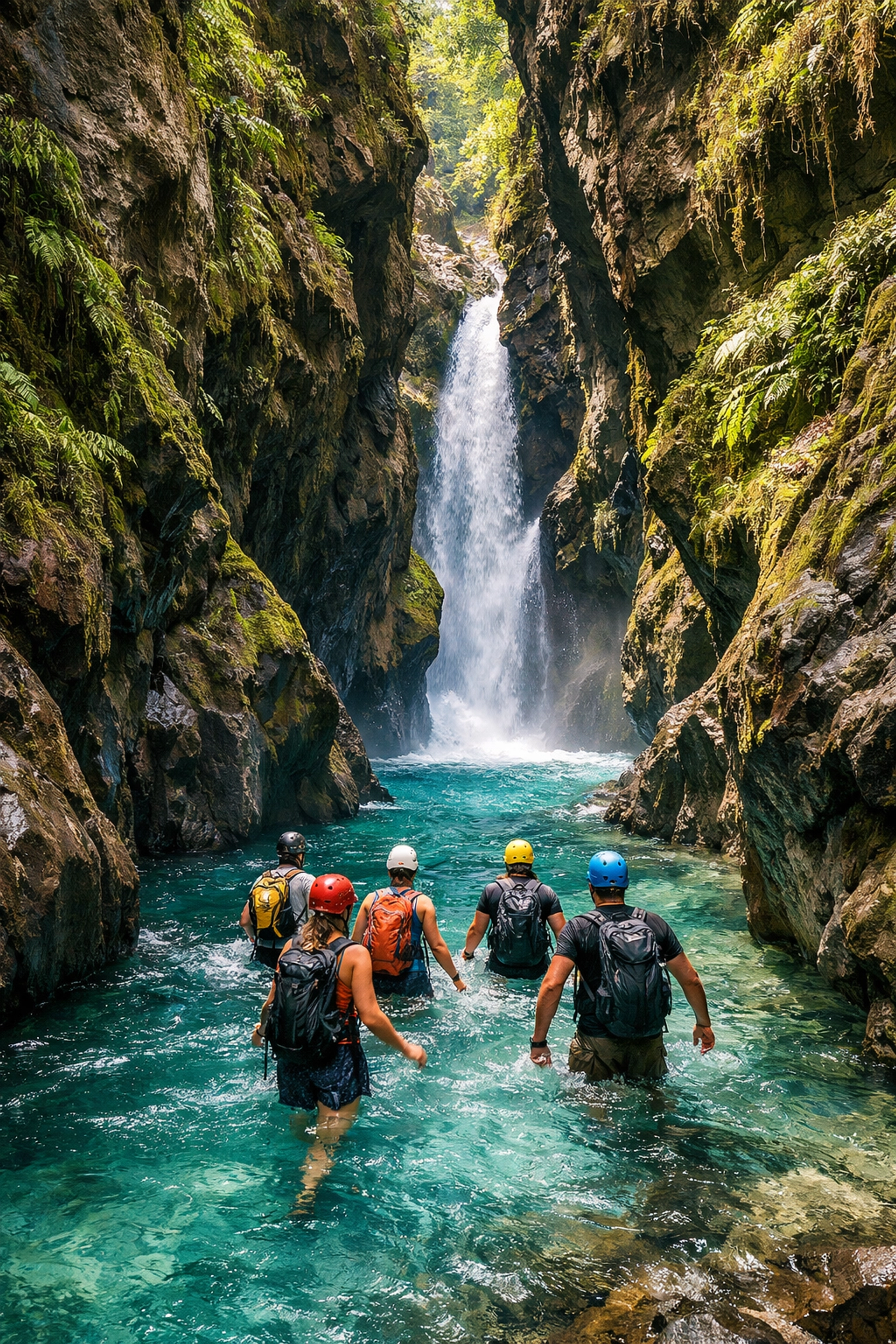 Tourists exploring the turquoise waters of La Leona Waterfall on a guided Guanacaste adventure tour.