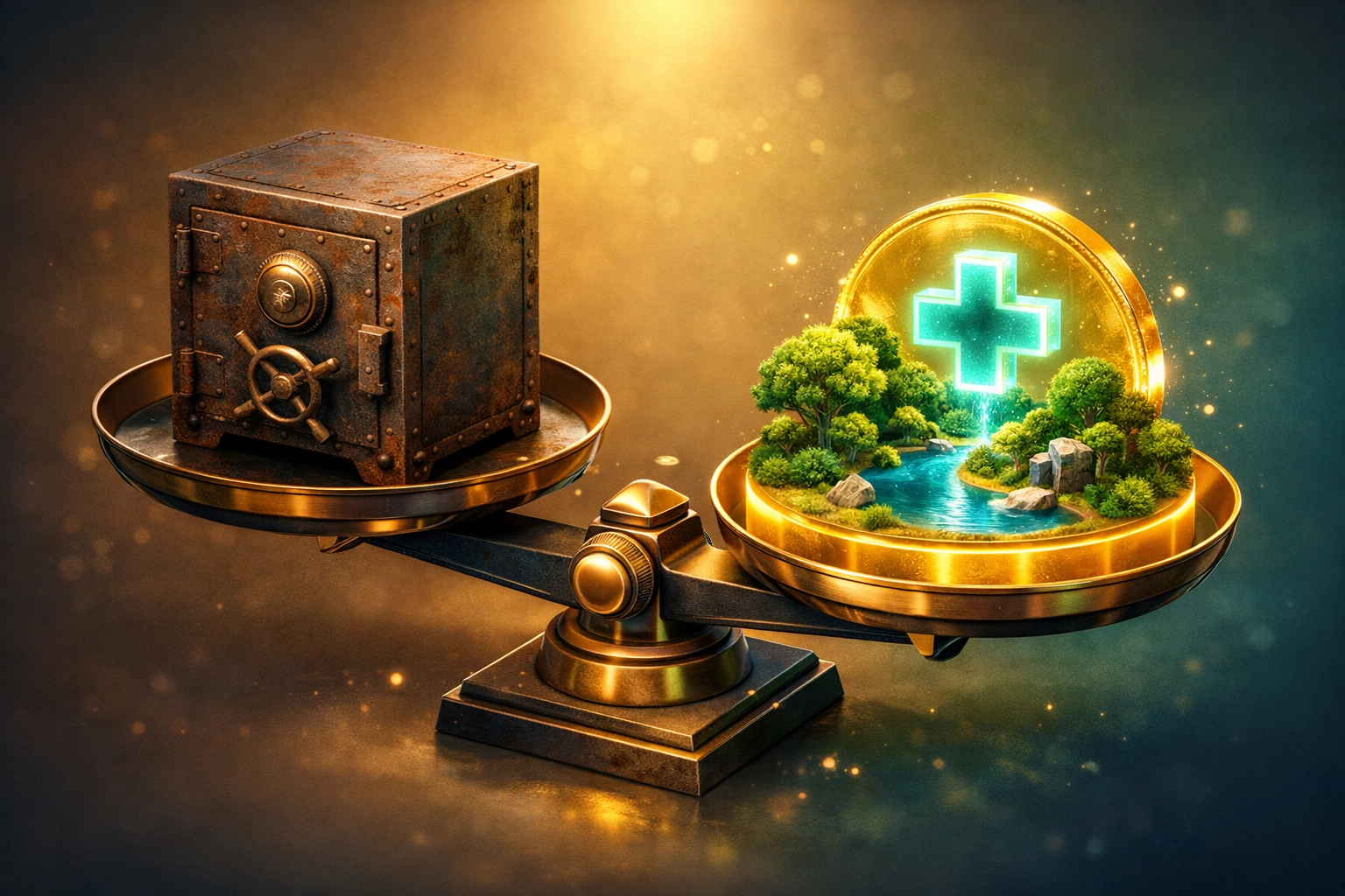 Digital scale balancing traditional banking against Larecoin's social impact and charitable ecosystem.