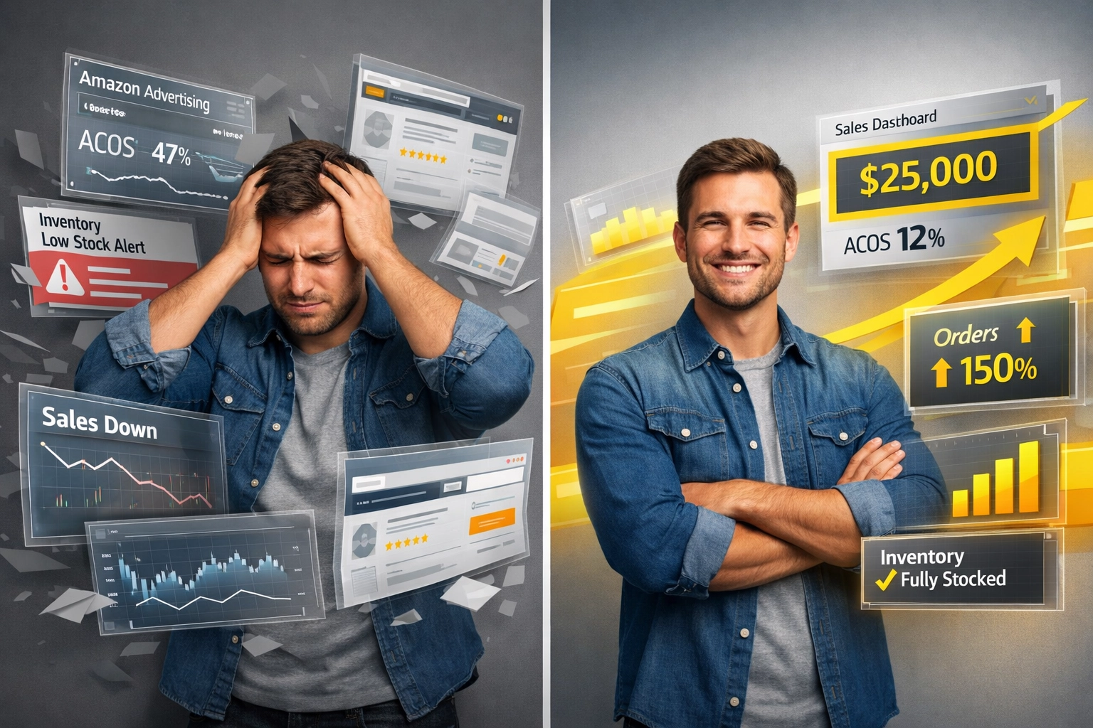 Amazon seller comparing chaotic self-management vs organized agency account management with metrics