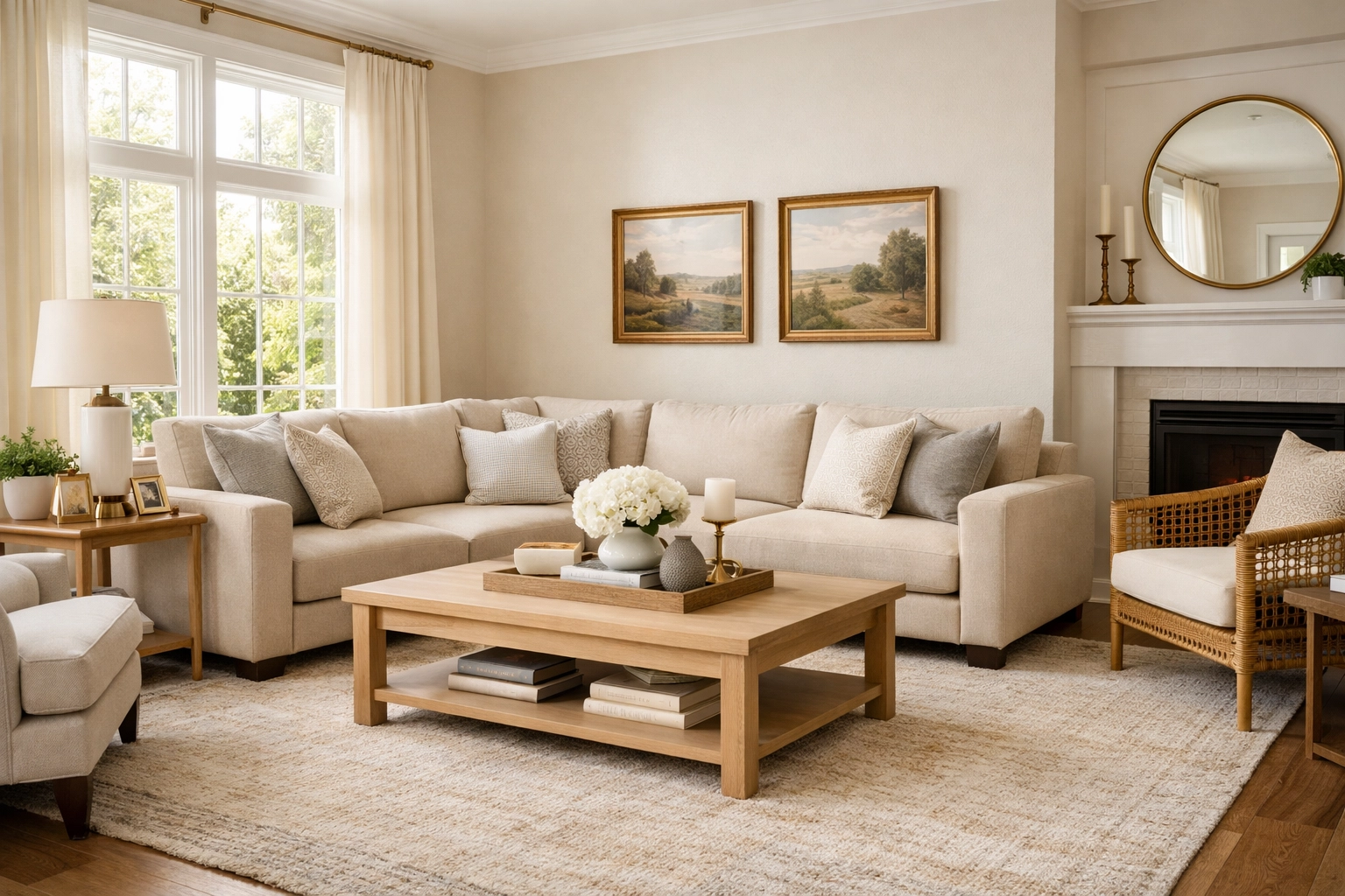 Modern transitional living room design with neutral tones and natural textures in Orlando home