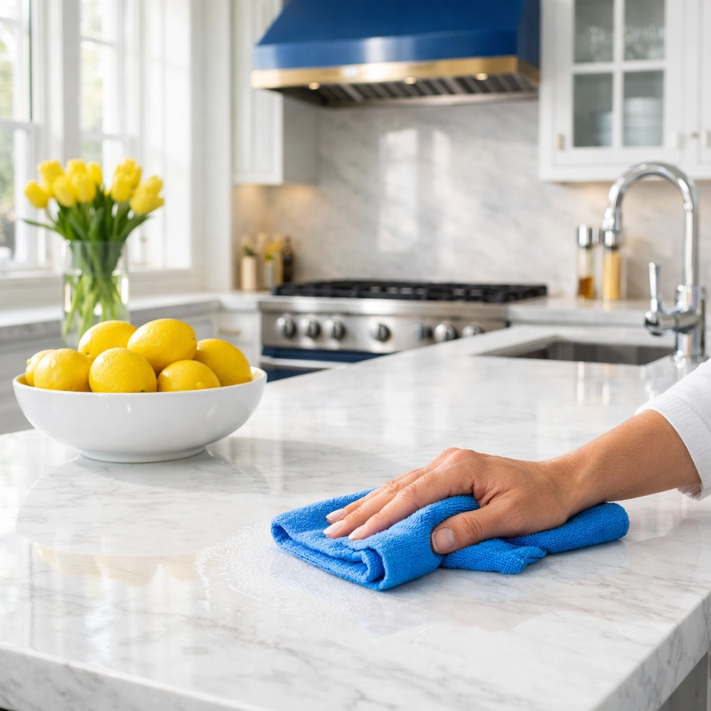 Professional house cleaning Belmont MA wiping down a white marble kitchen island.
