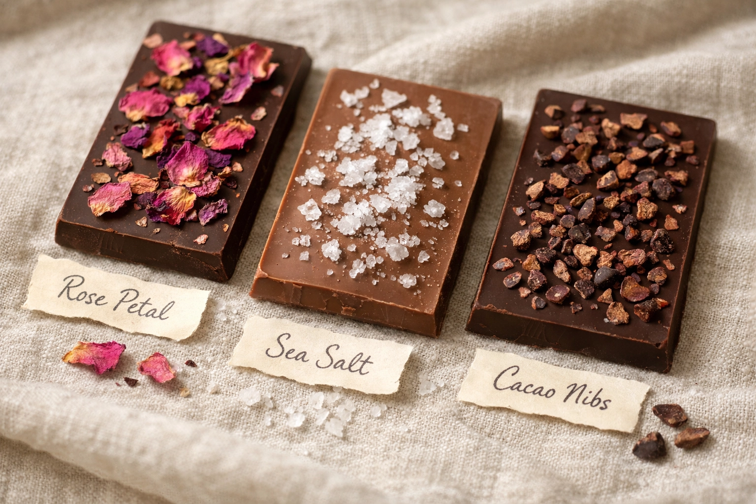 Handcrafted artisan chocolate bars with unique inclusions and flavor combinations