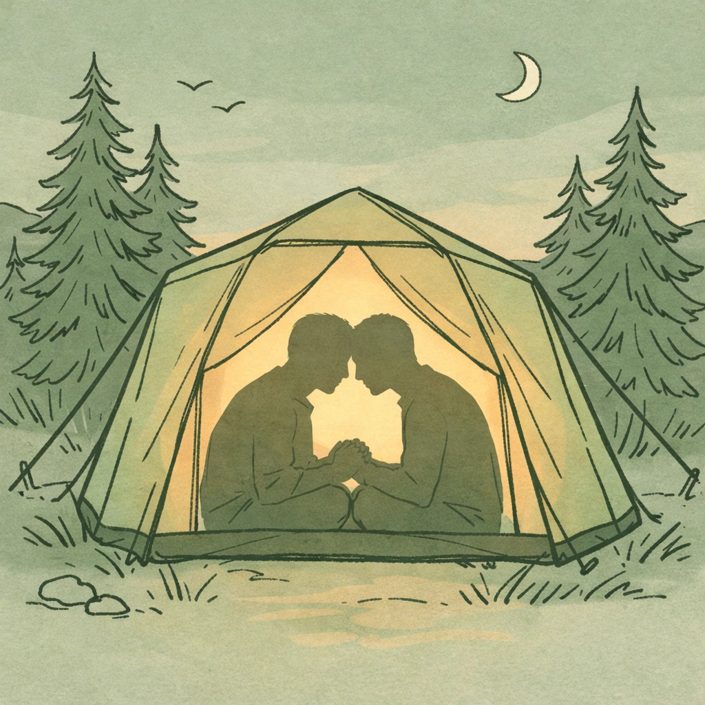 Gay couple sharing intimate moment inside camping tent at dusk surrounded by pine trees