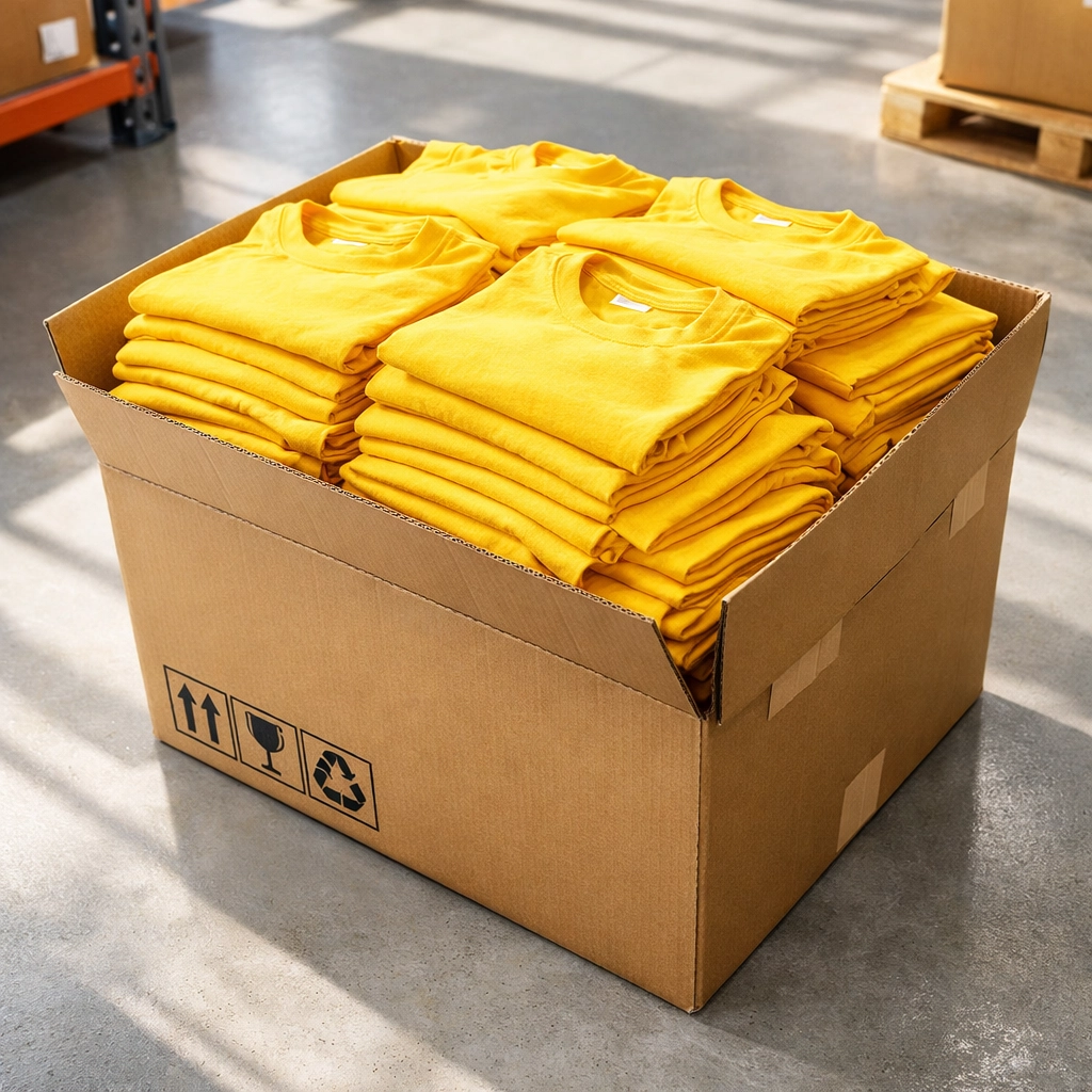 A shipping box full of bright yellow summer camp t shirts representing fast turnaround.