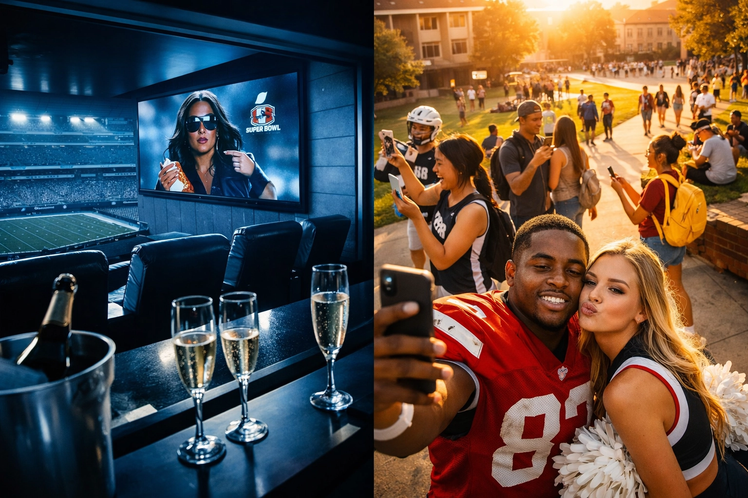 Contrast between expensive Super Bowl celebrity ads and authentic college athlete content creation on campus