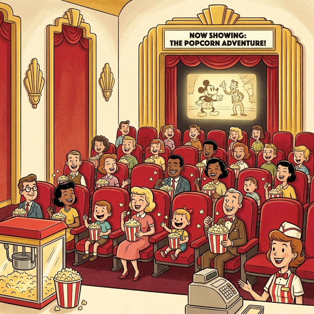 Retro 1950s movie theatre with audience enjoying buckets of popcorn, celebrating the history of movie popcorn as a gourmet treat.