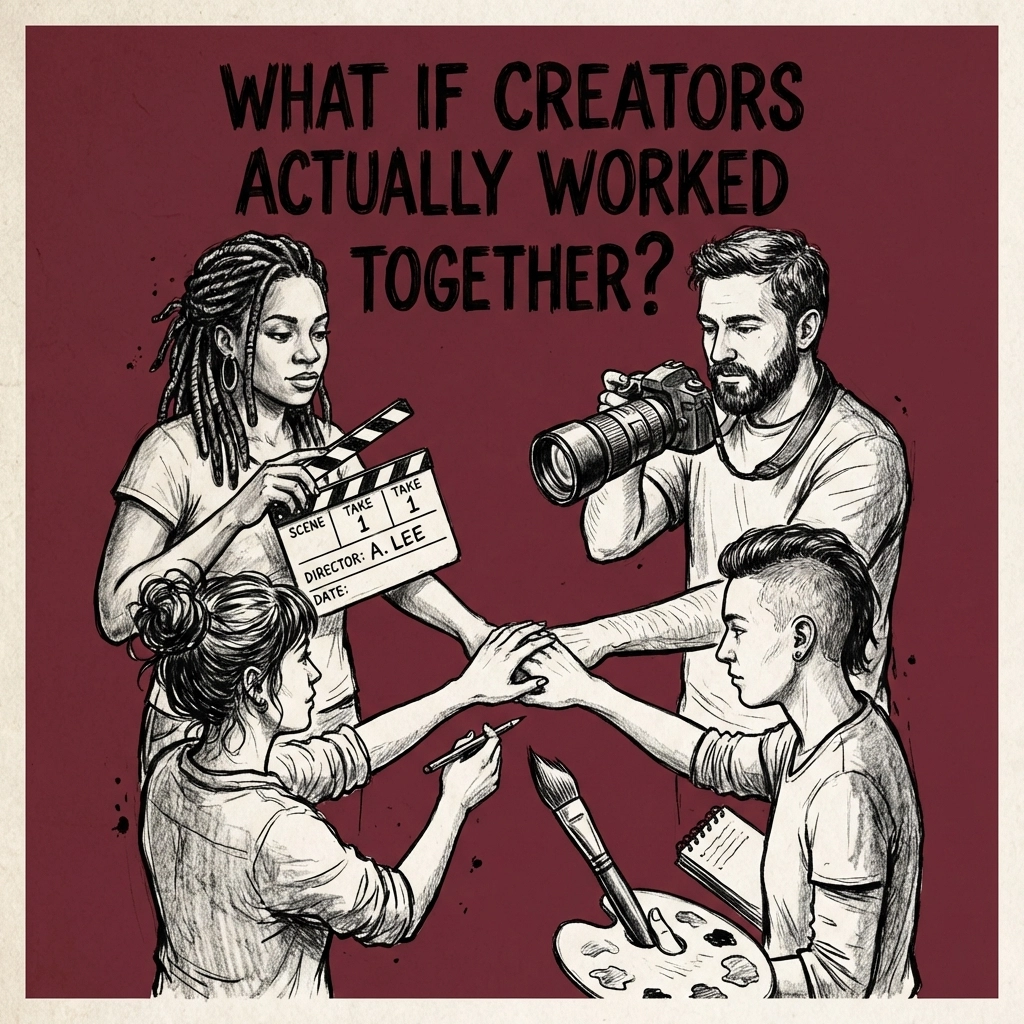 Sketch of diverse creators collaborating, highlighting unity across creative disciplines at IncluHub