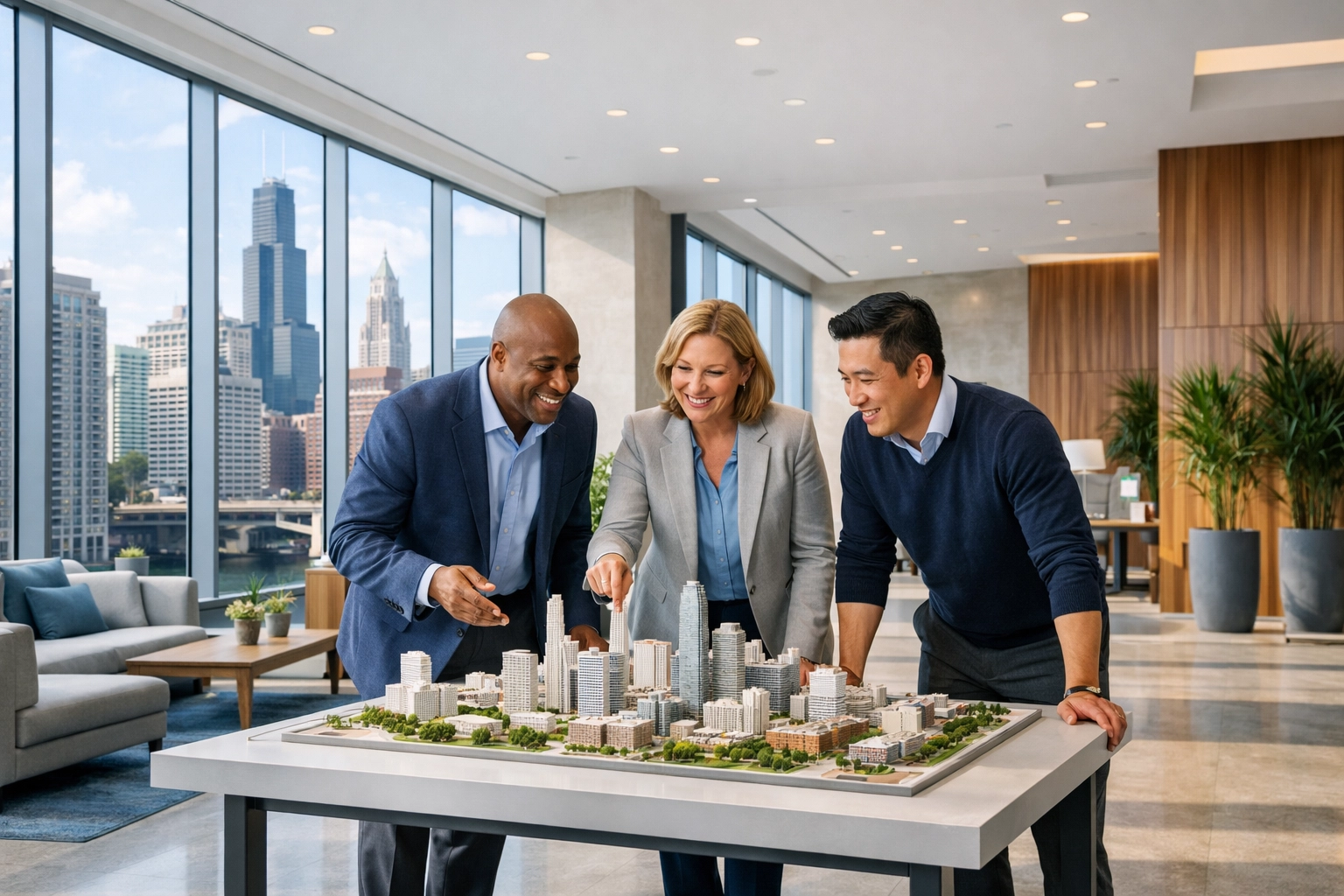 Property management team in a modern Chicago commercial lobby planning facility operations.