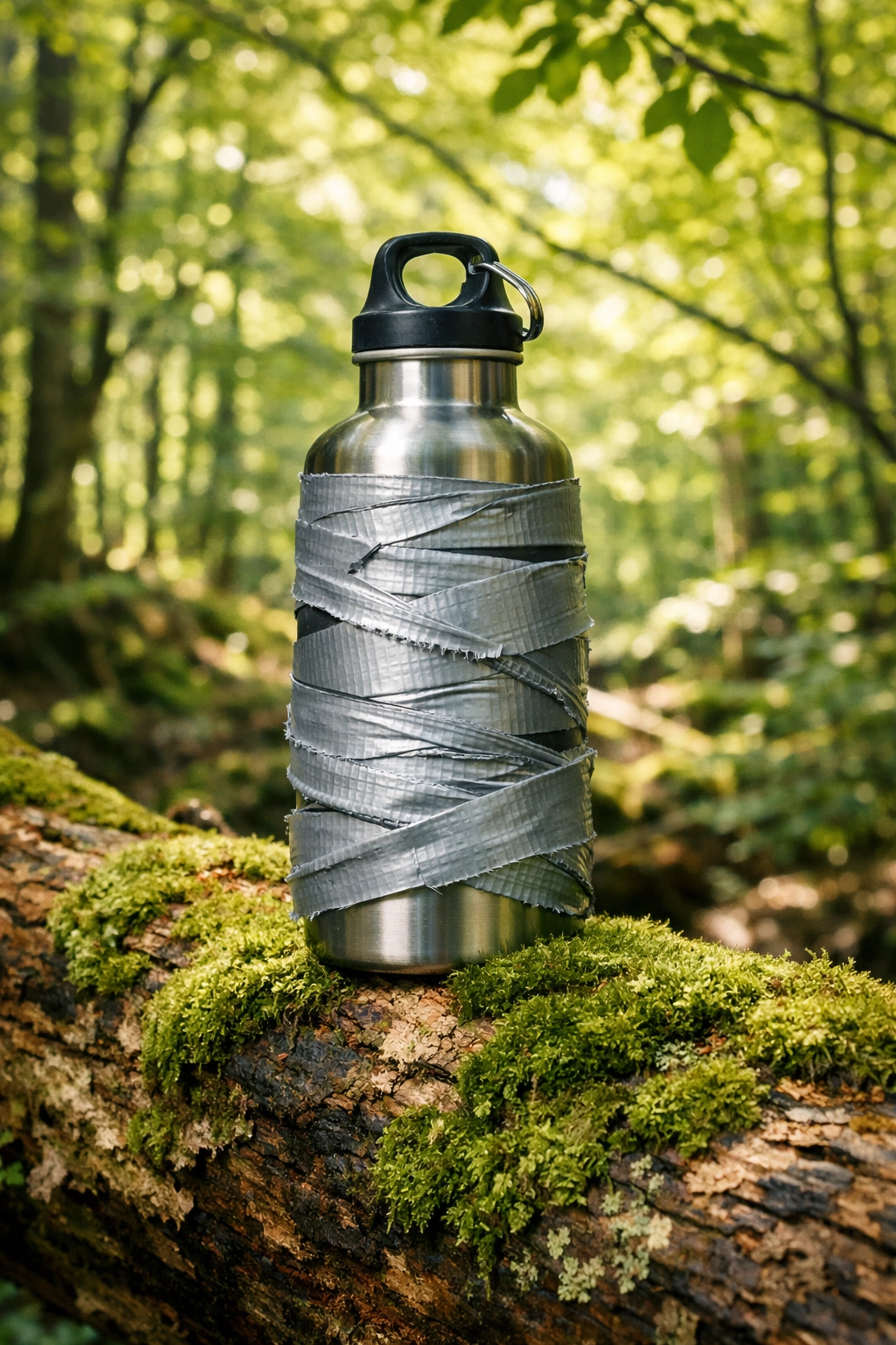 A water bottle wrapped in duct tape for survival repairs during a wild camping guided UK trip.