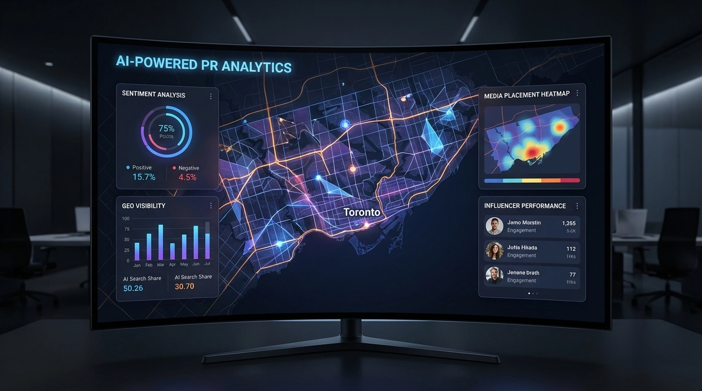 AI PR analytics and GEO visibility over North America map
