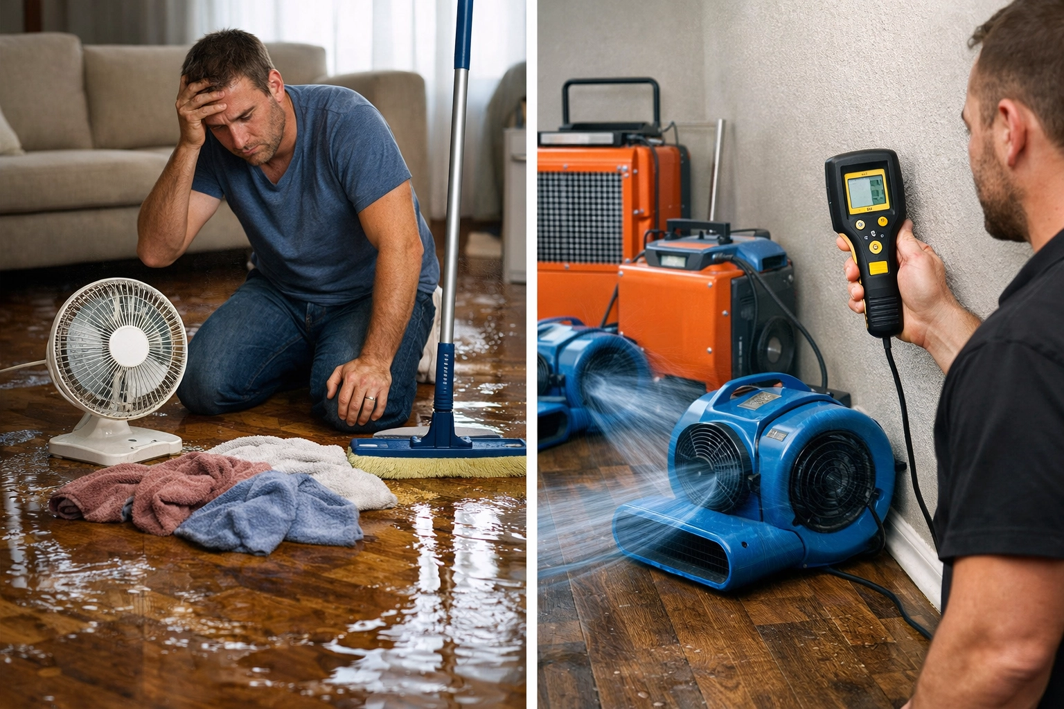 Comparison of household fans versus professional water damage restoration equipment and dehumidifiers