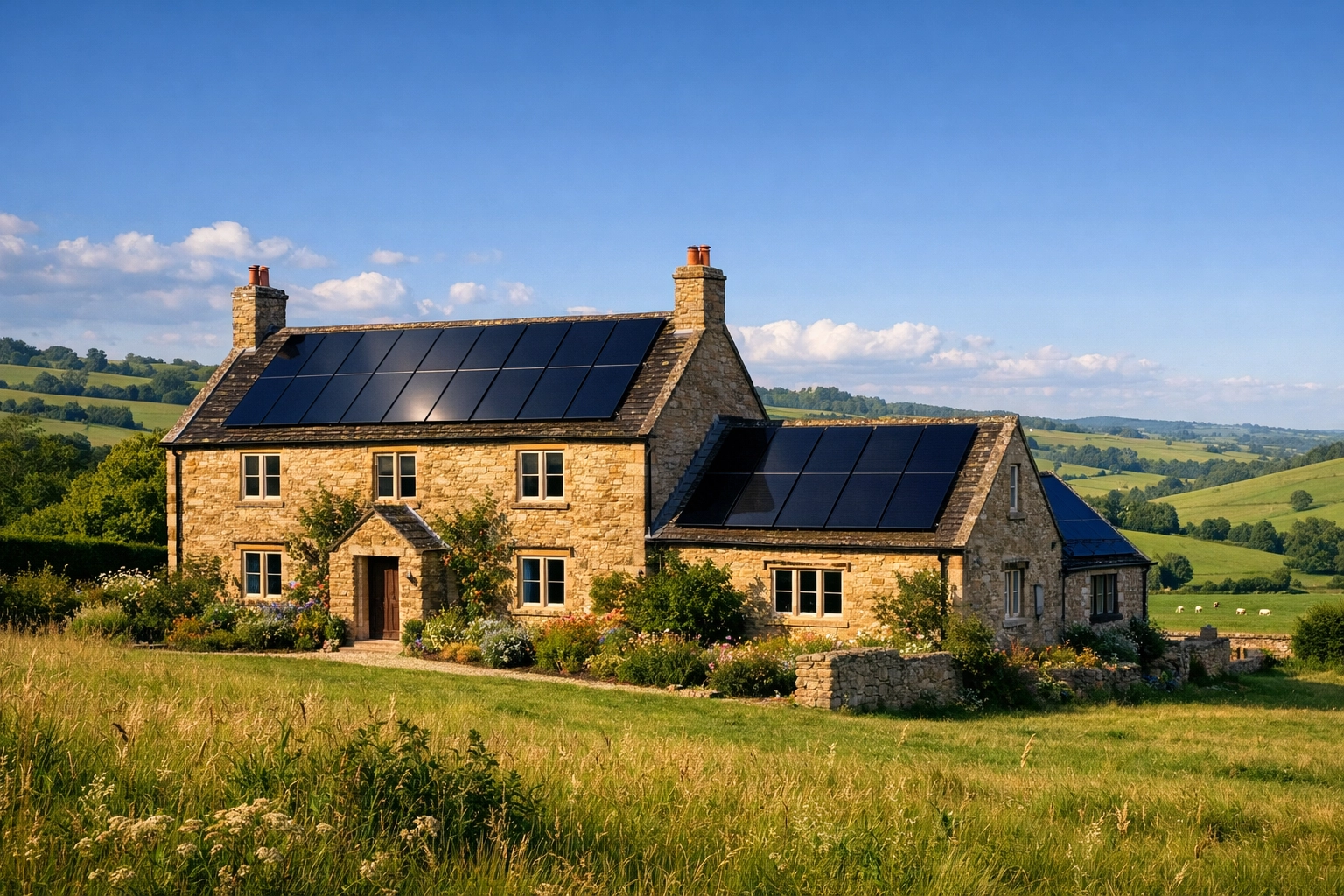 Traditional Wiltshire farmhouse with modern black solar panels installed on the roof.