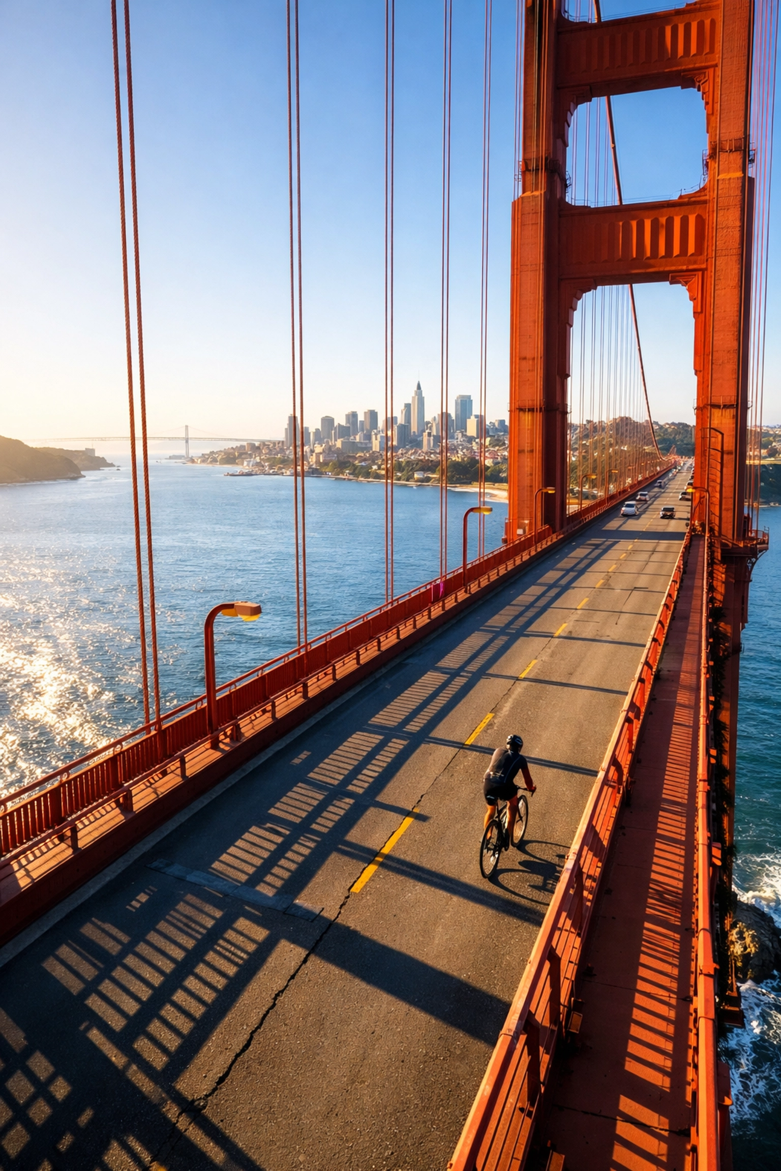 Cyclist biking across golden gate bridge with san francisco skyline and bay views