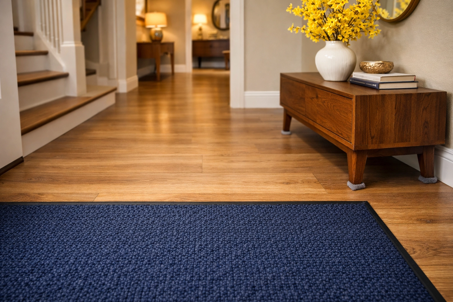 Protective doormat and furniture felt pads used to prevent damage to laminate flooring in an entryway.