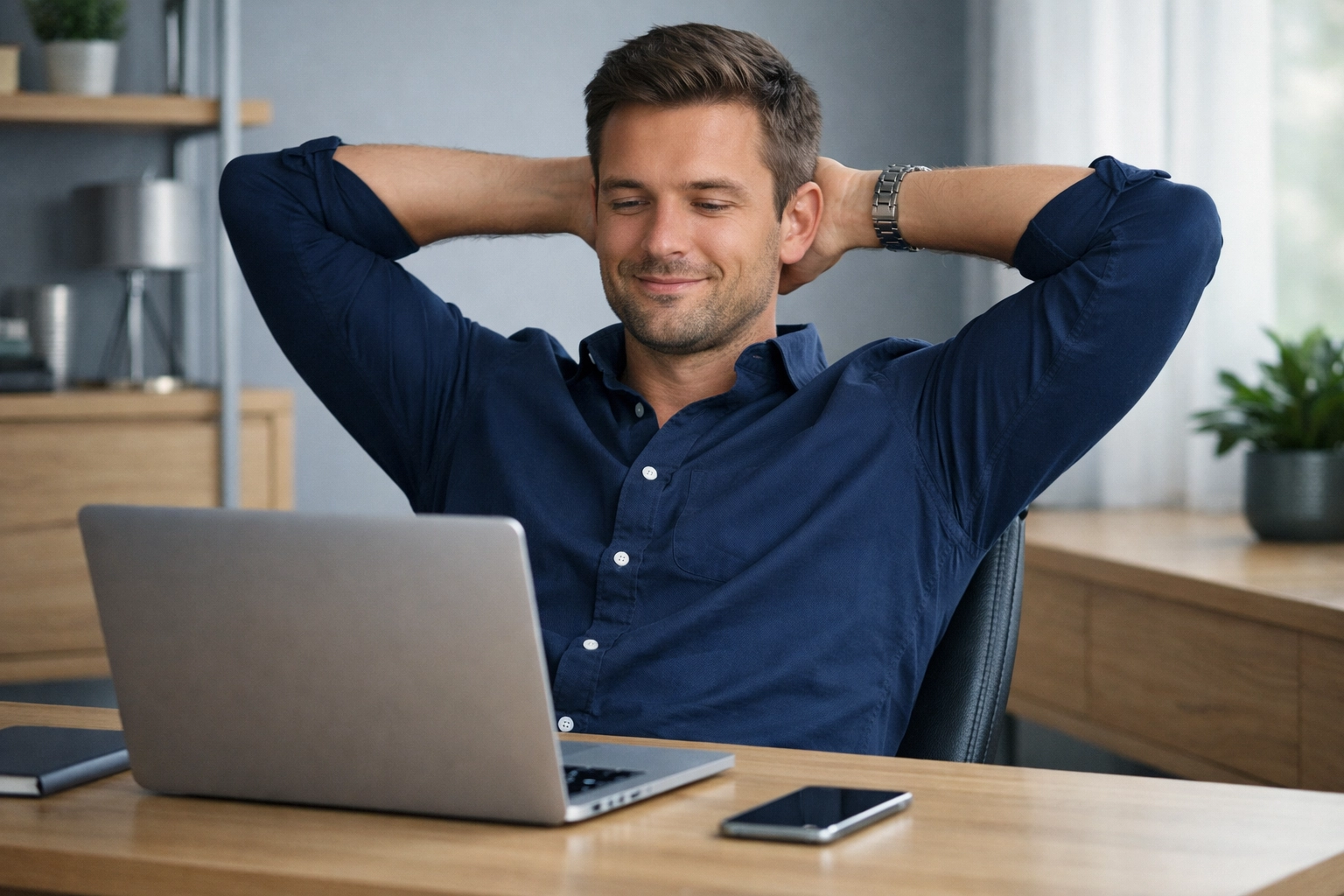 A relieved borrower at home after securing a same day loan with no credit check.