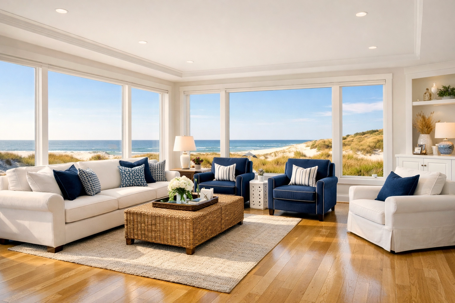 Spotless coastal living room in Sandwich, MA with clean hardwood floors and an ocean view.