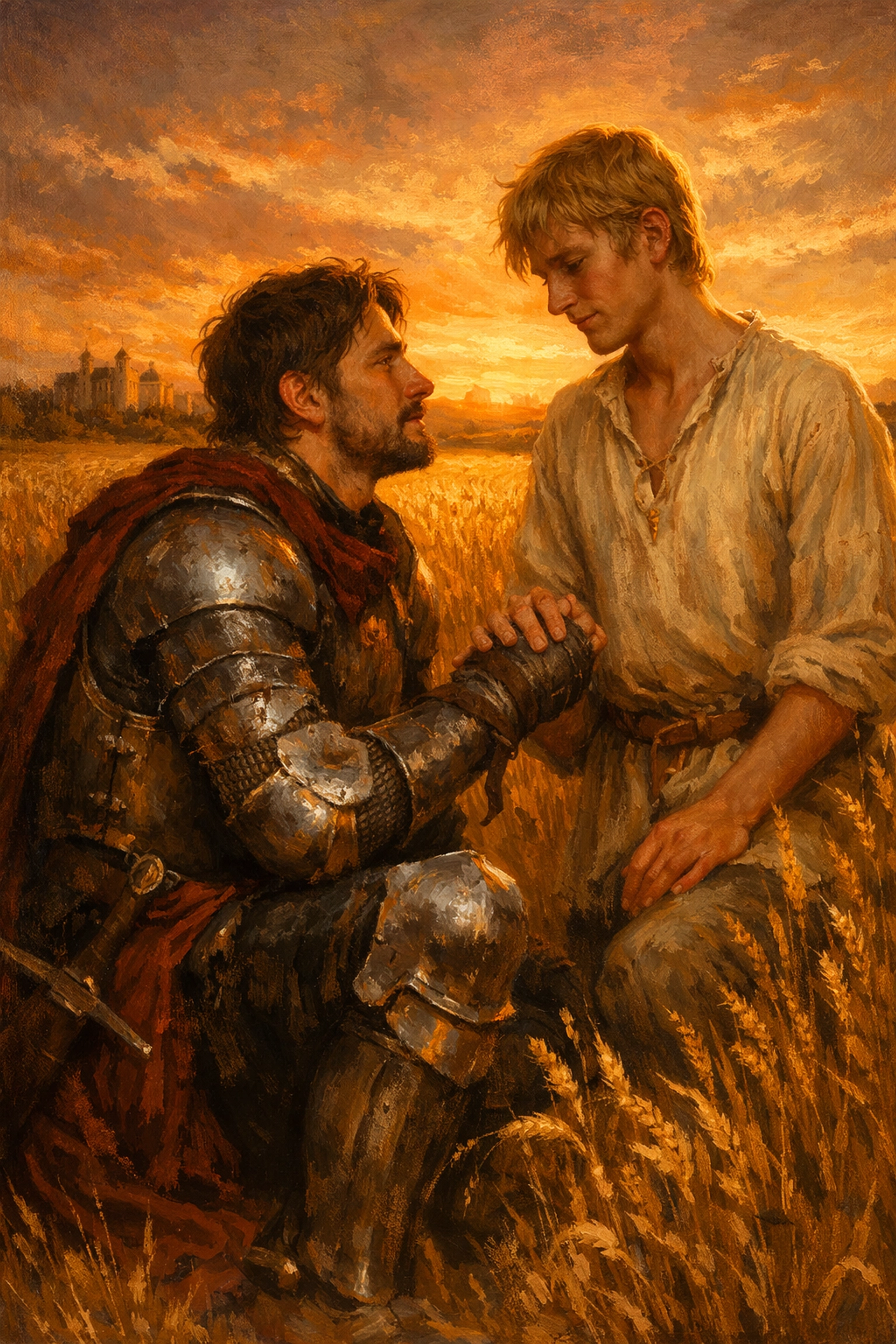 Medieval knight and peasant boy in wheat field - gay historical romance across classes