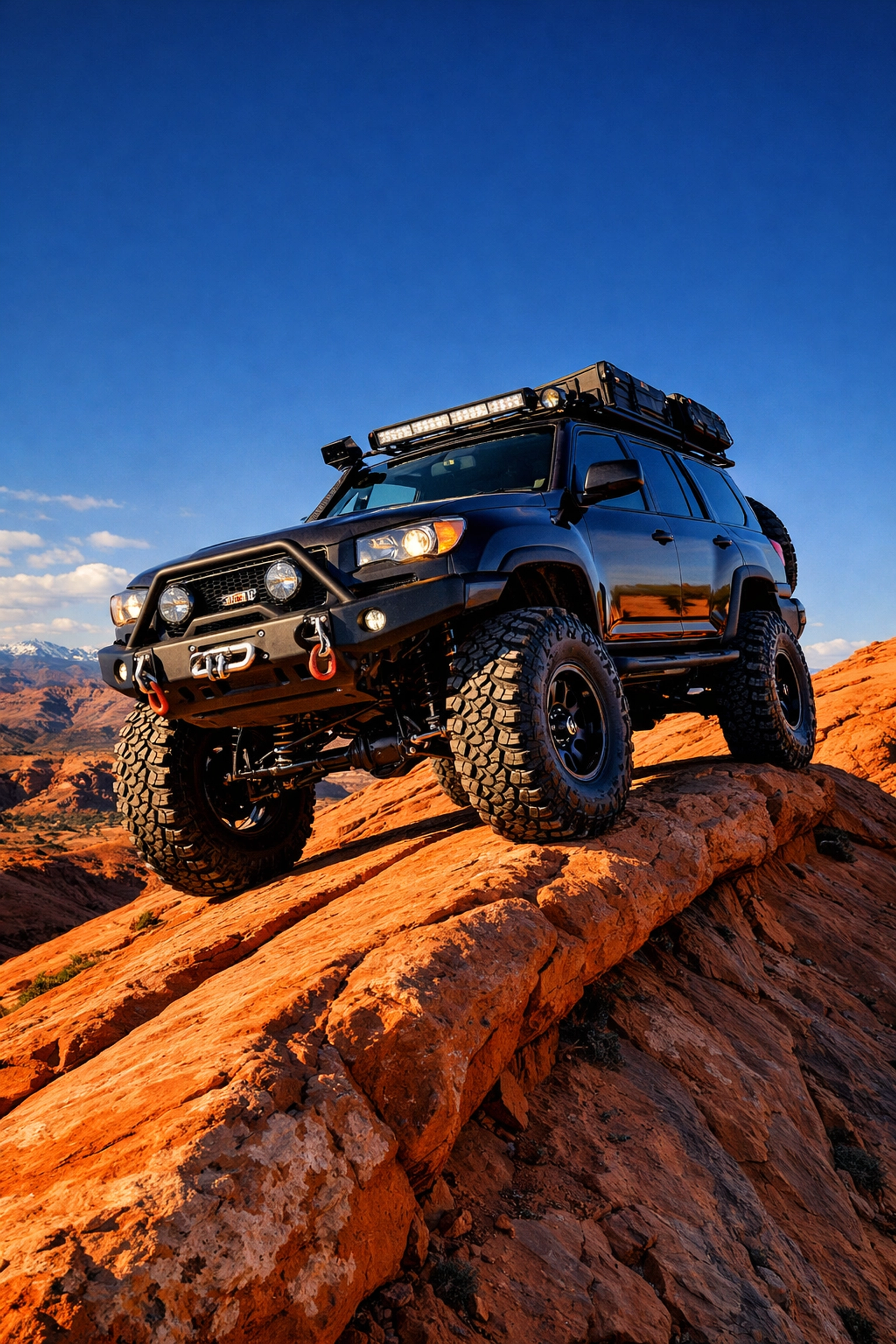 Custom built off-road 4x4 vehicle ready for Easter Jeep Safari on the iconic Moab slickrock fins.