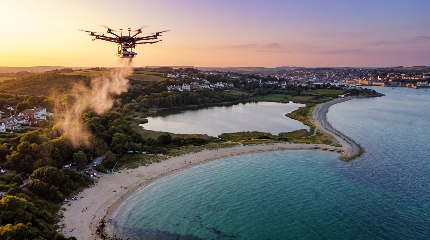 A serene aerial view of Swanpool Beach in Falmouth, Cornwall, showing a drone memorial ceremony at sunset.