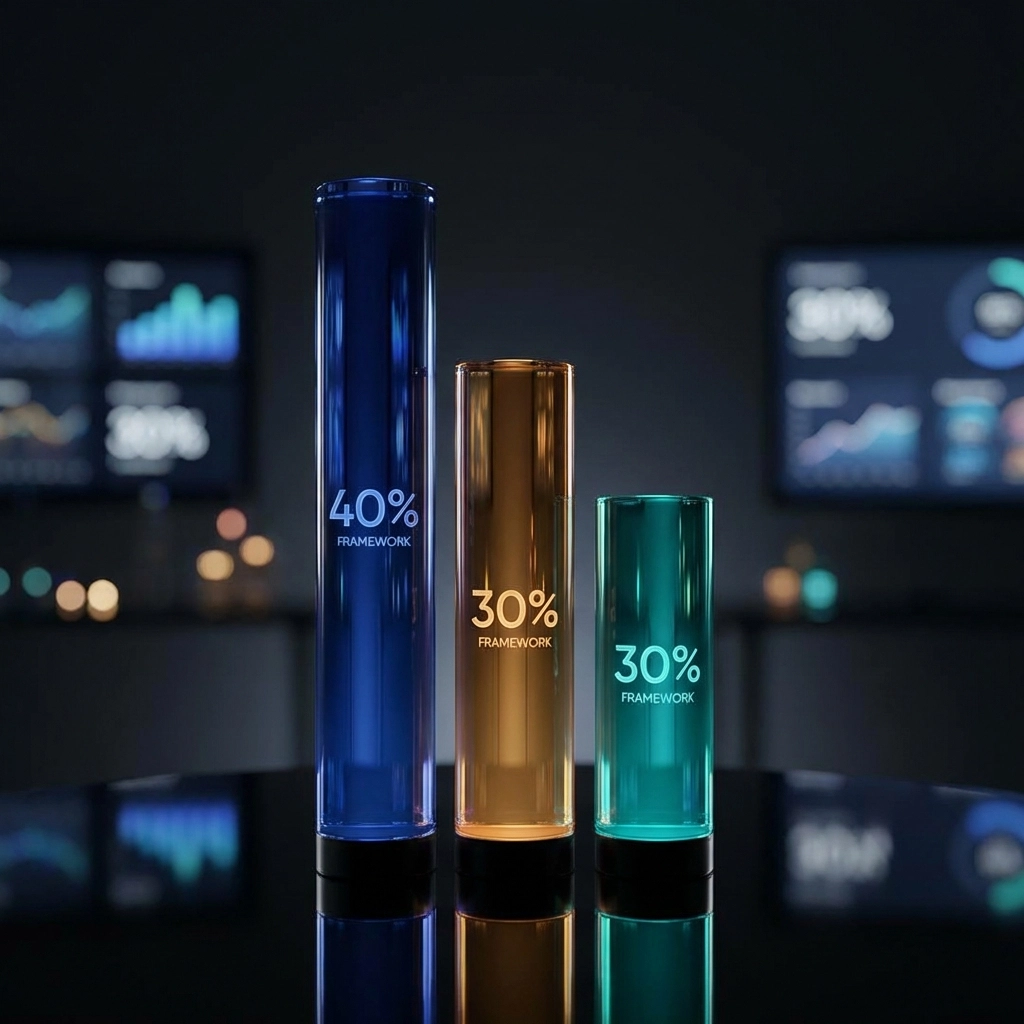 Three glowing pillars highlight the 40/30/30 portfolio components and improved risk-adjusted returns.