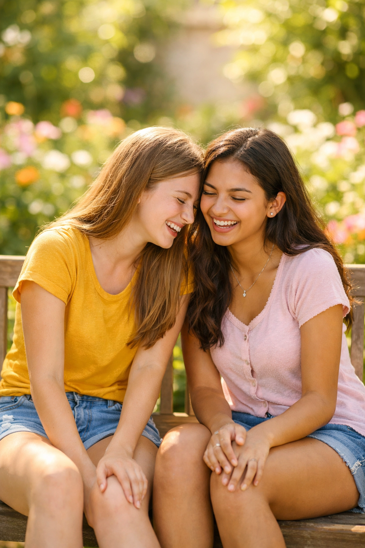 Two teenage girls laughing in a garden, illustrating peer connection in a therapeutic group home for teens.