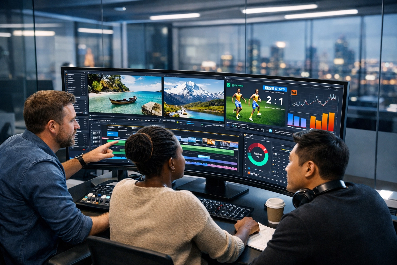 Professional team using Dakdan Worldwide systems to manage multi-industry media assets and content workflows.