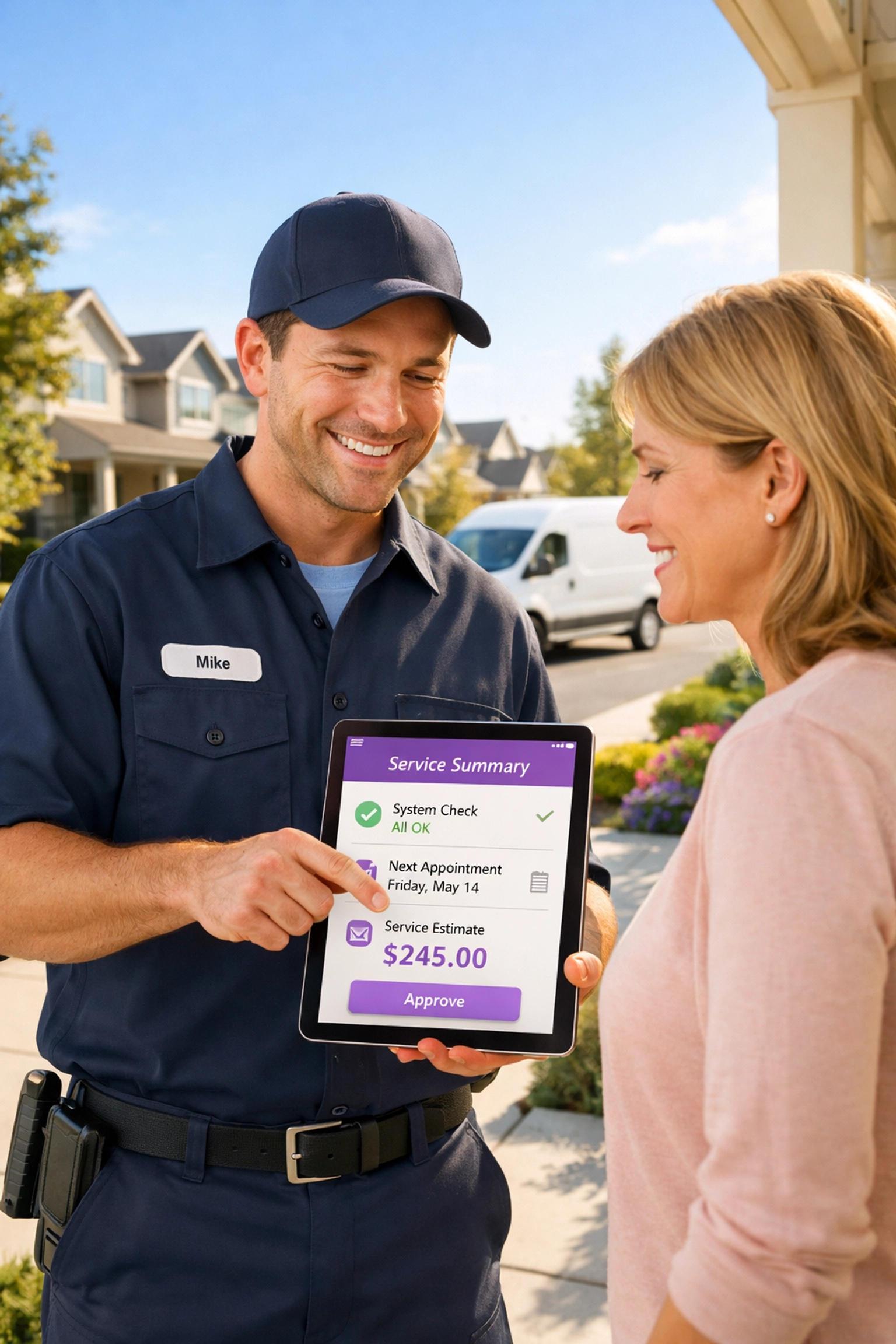 Service professional showing a digital tablet to a homeowner to demonstrate local lead generation tactics.