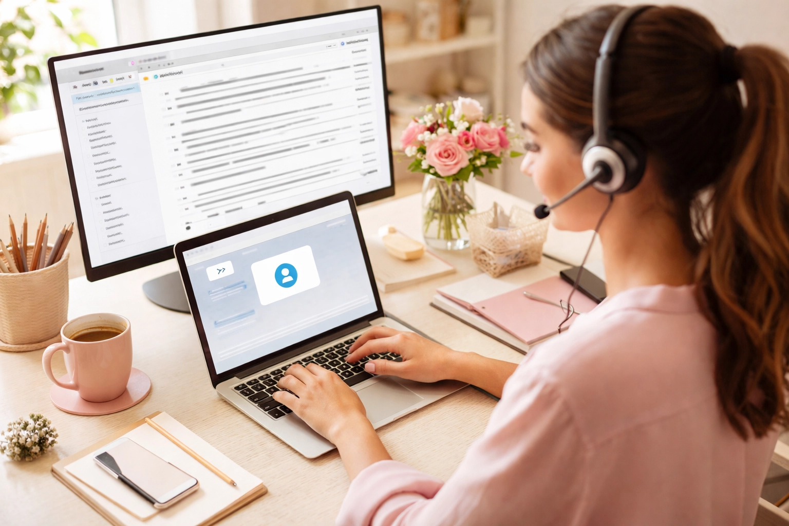 Virtual assistant working efficiently at a bright desk with organized digital inbox