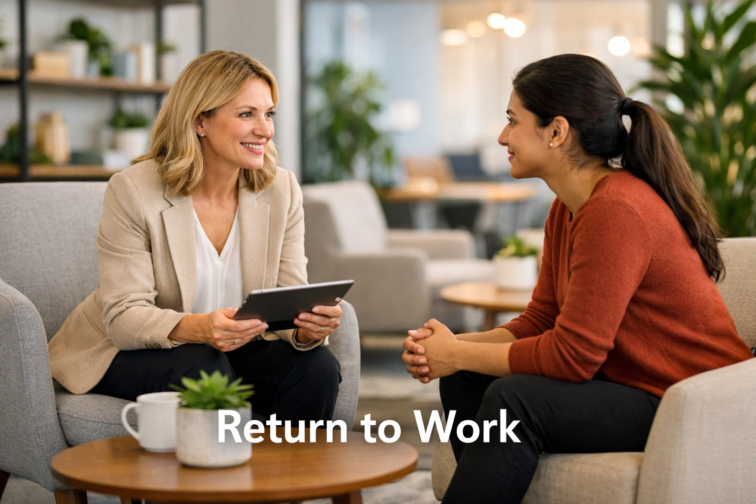 Manager and employee in a return to work meeting managing small business sickness absence.