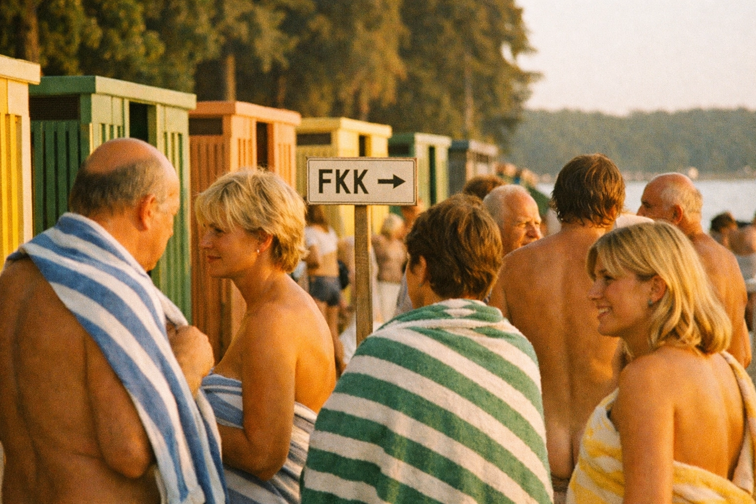 Strandbad Wannsee FKK vibe: retro cabins, faded colors, small FKK sign, striped towels, golden hour.