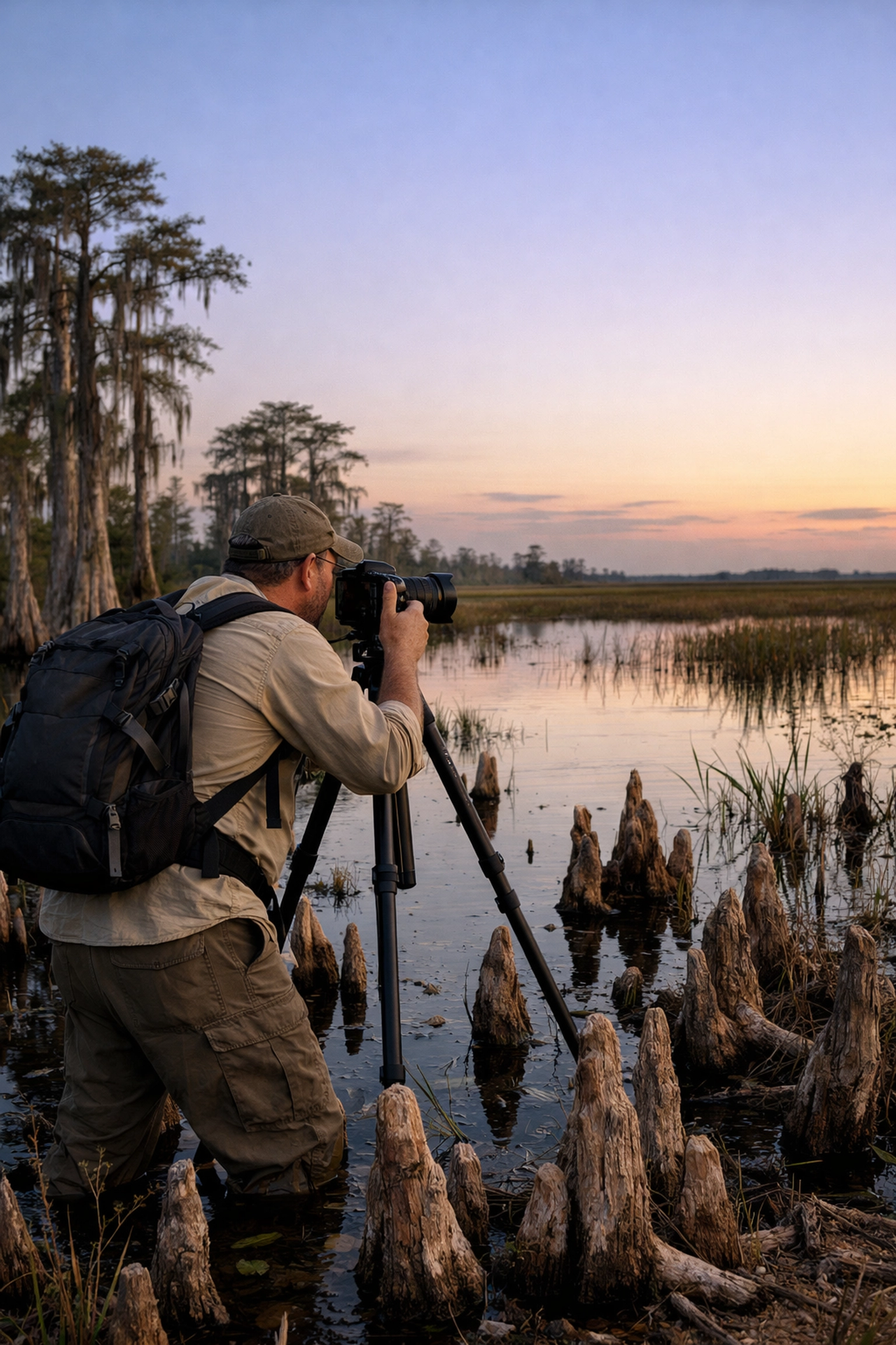 Landscape photographer in the Florida Everglades capturing professional shots with guaranteed payment security.