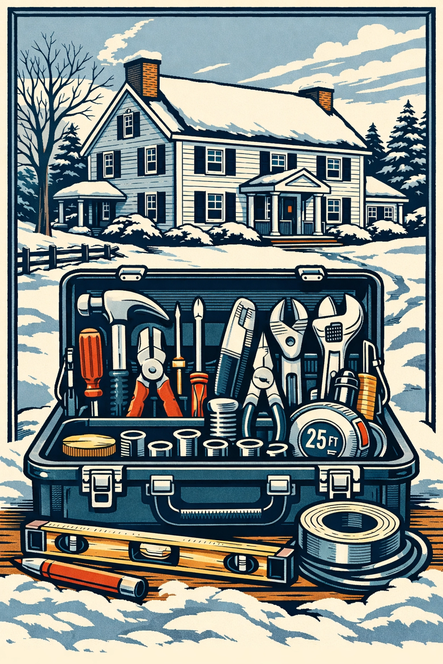Professional handyman toolbox with organized tools and New Hampshire home in winter background