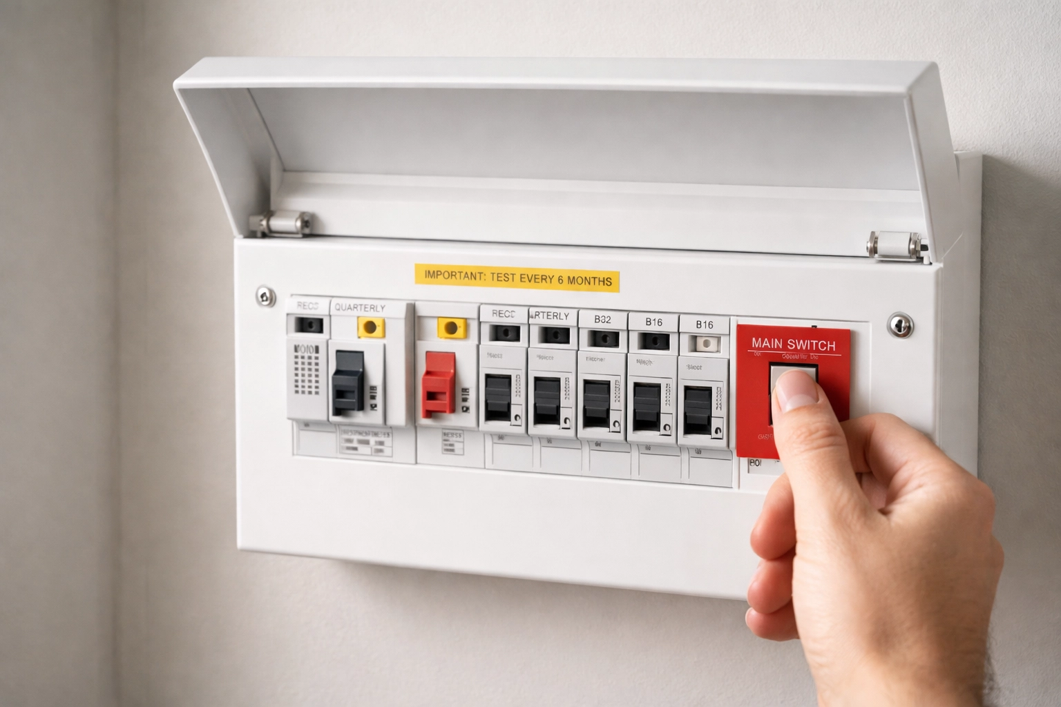 Close-up of a hand switching off a consumer unit fuse board for electrical safety in Rugby properties