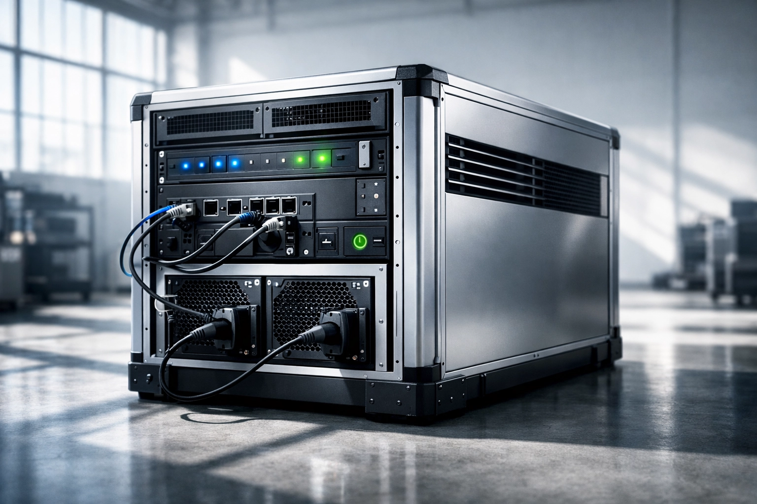 Modular data center pod unit in warehouse showing compact computing infrastructure deployment