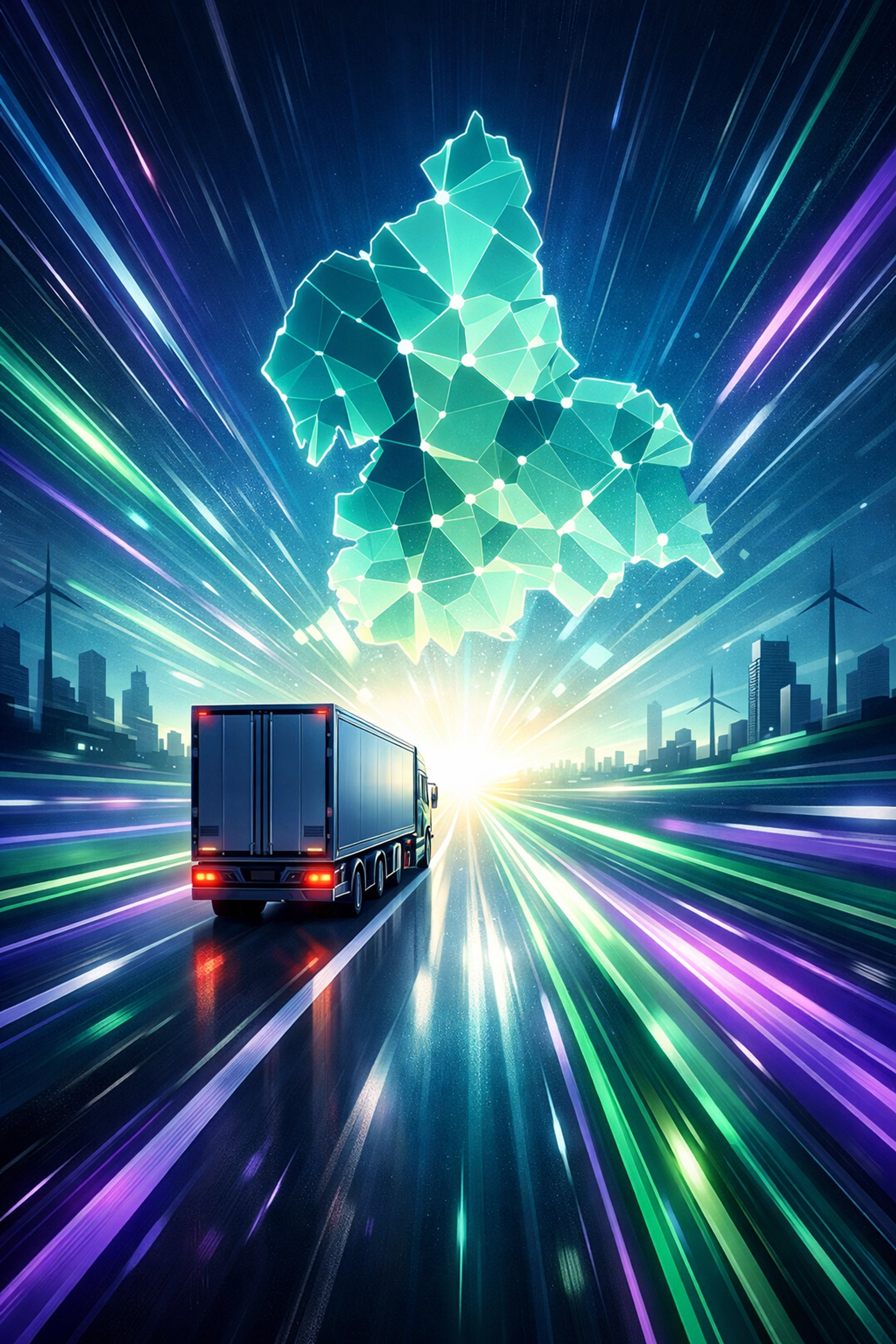 A modern HGV driving toward the future of the Northern Powerhouse logistics network.