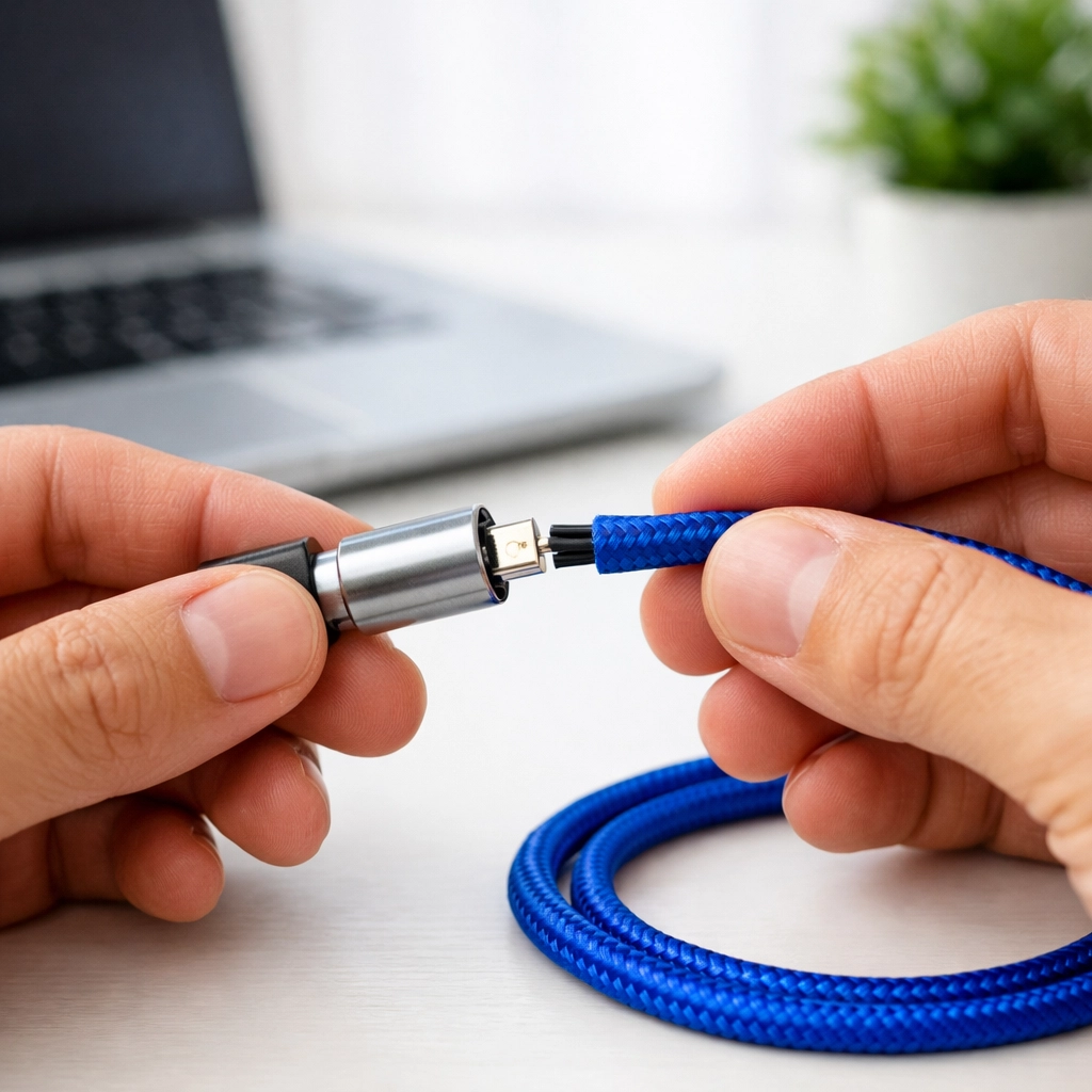 Hands repairing a durable, cobalt blue braided repairable micro usb cable at a professional workspace.