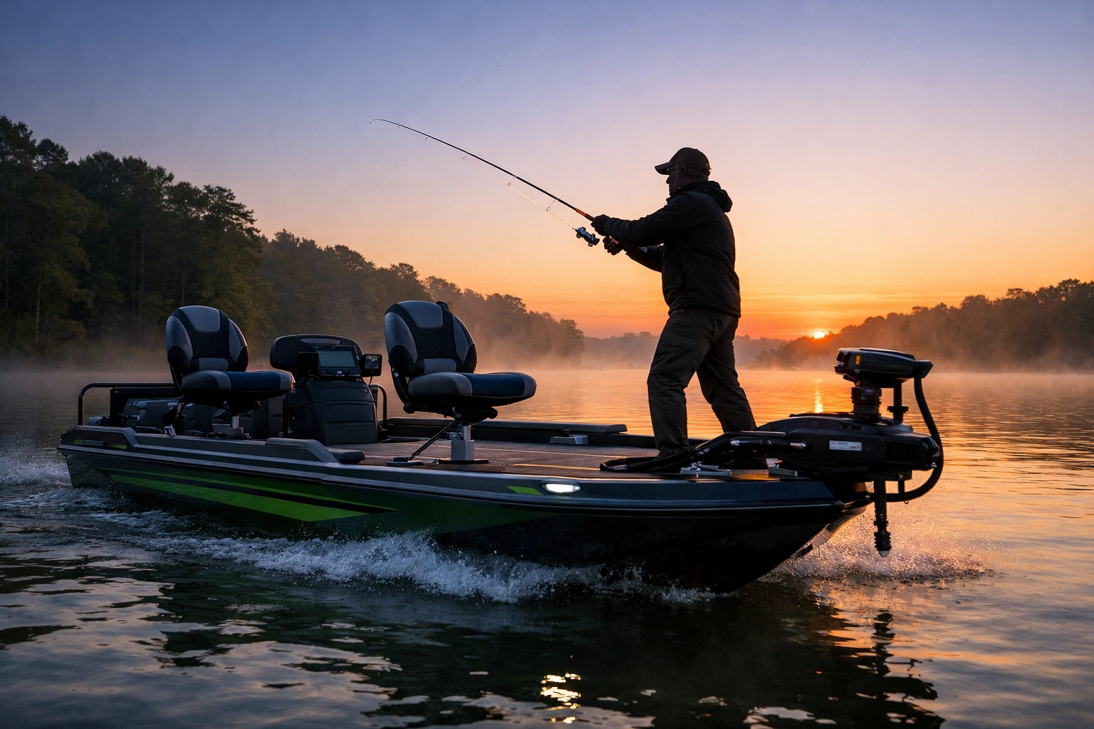 Specialized fishing pontoon boat equipped with swivel seats and gear for anglers at dawn.