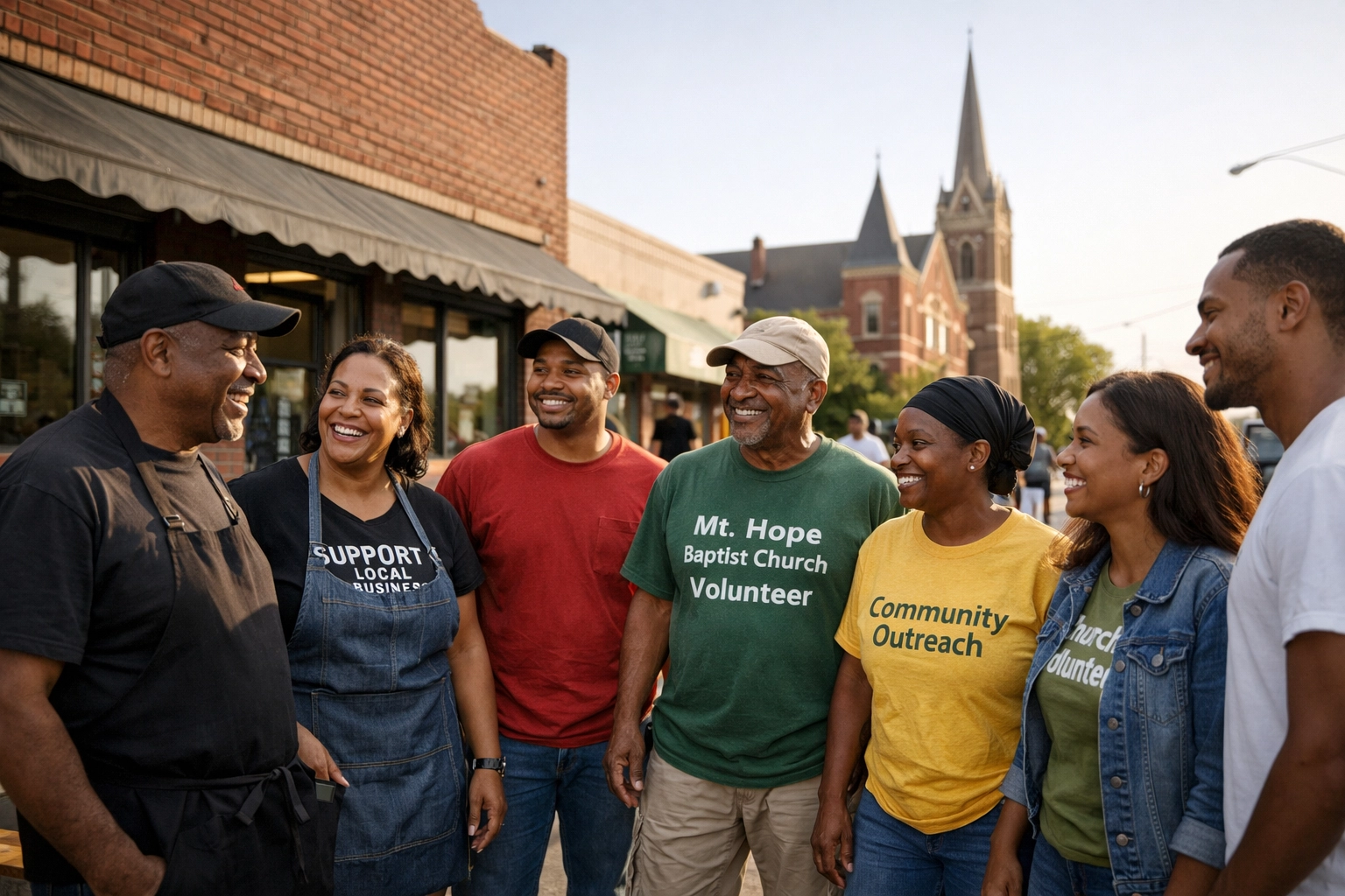 Business owner and church volunteers collaborating at a local event for community wealth building.