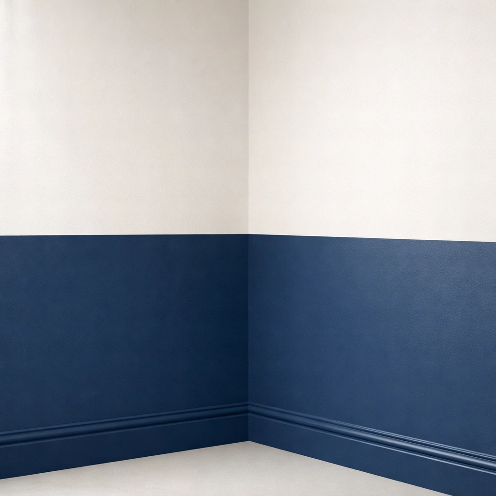 Navy and white two-tone wall with sharp colour capping in a Cheltenham home.