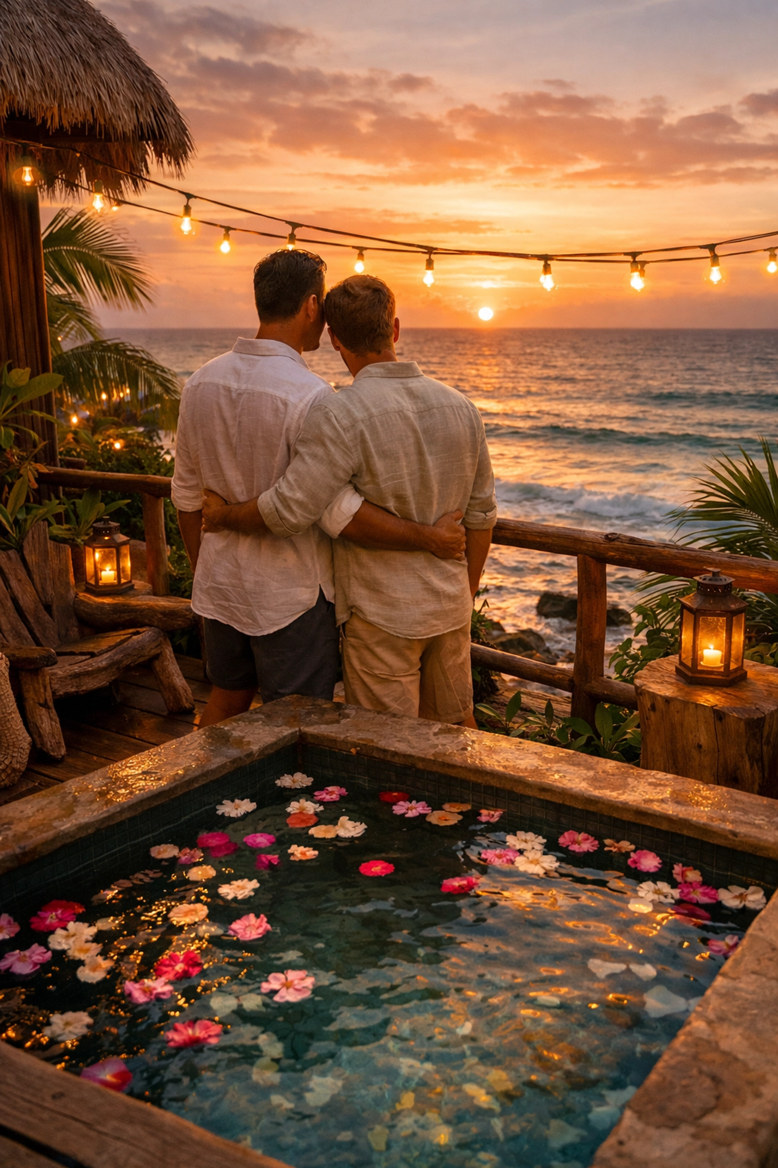 Two grooms enjoying romantic sunset at Tulum villa with private plunge pool and tropical decor