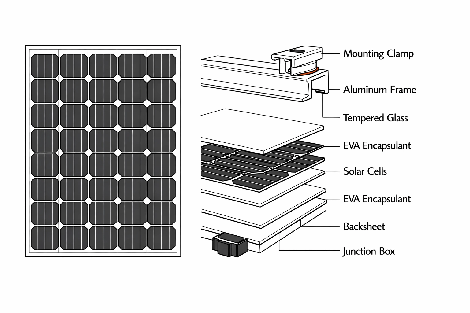 Explosionszeichnung eines Photovoltaik-Moduls zur Veranschaulichung der fachgerechten Montage.