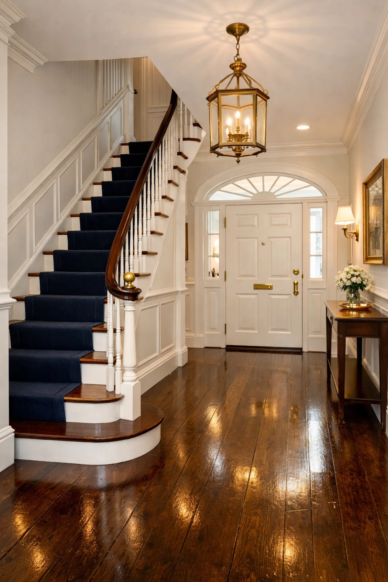 Perfectly clean historic hallway near Old Burial Hill, maintained by professional luxury house cleaning in Marblehead.