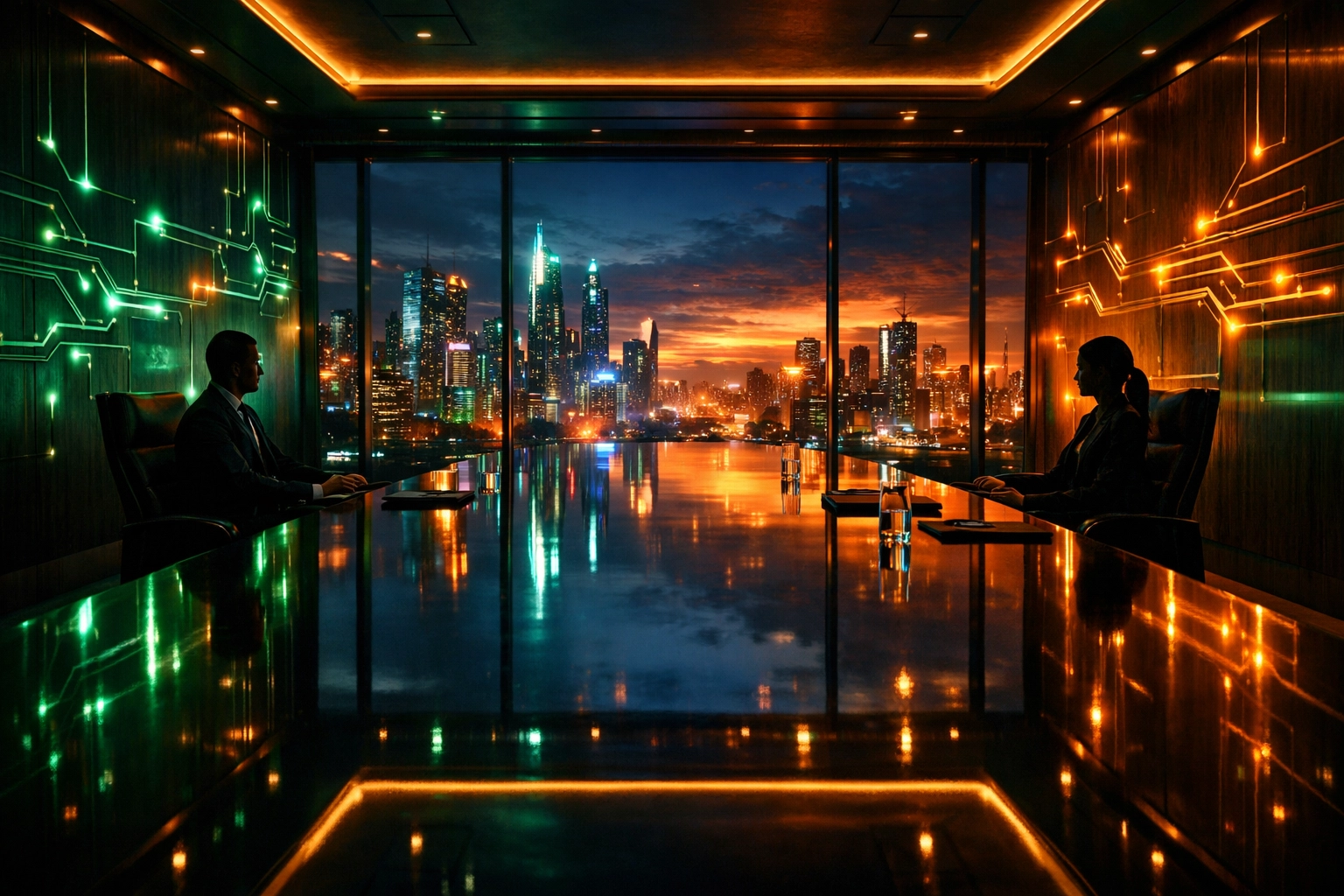 Professional coworkers sit at opposite ends of a corporate conference table to maintain workplace boundaries.