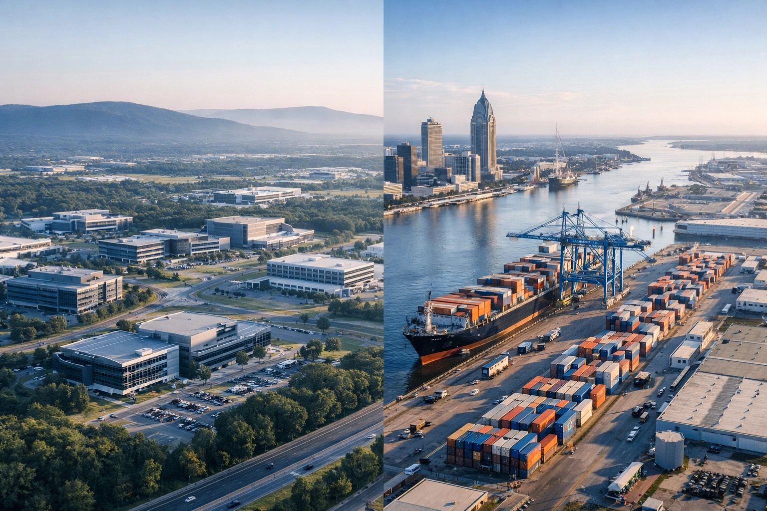 Aerial view comparing Huntsville tech corridors and Mobile port area in Alabama
