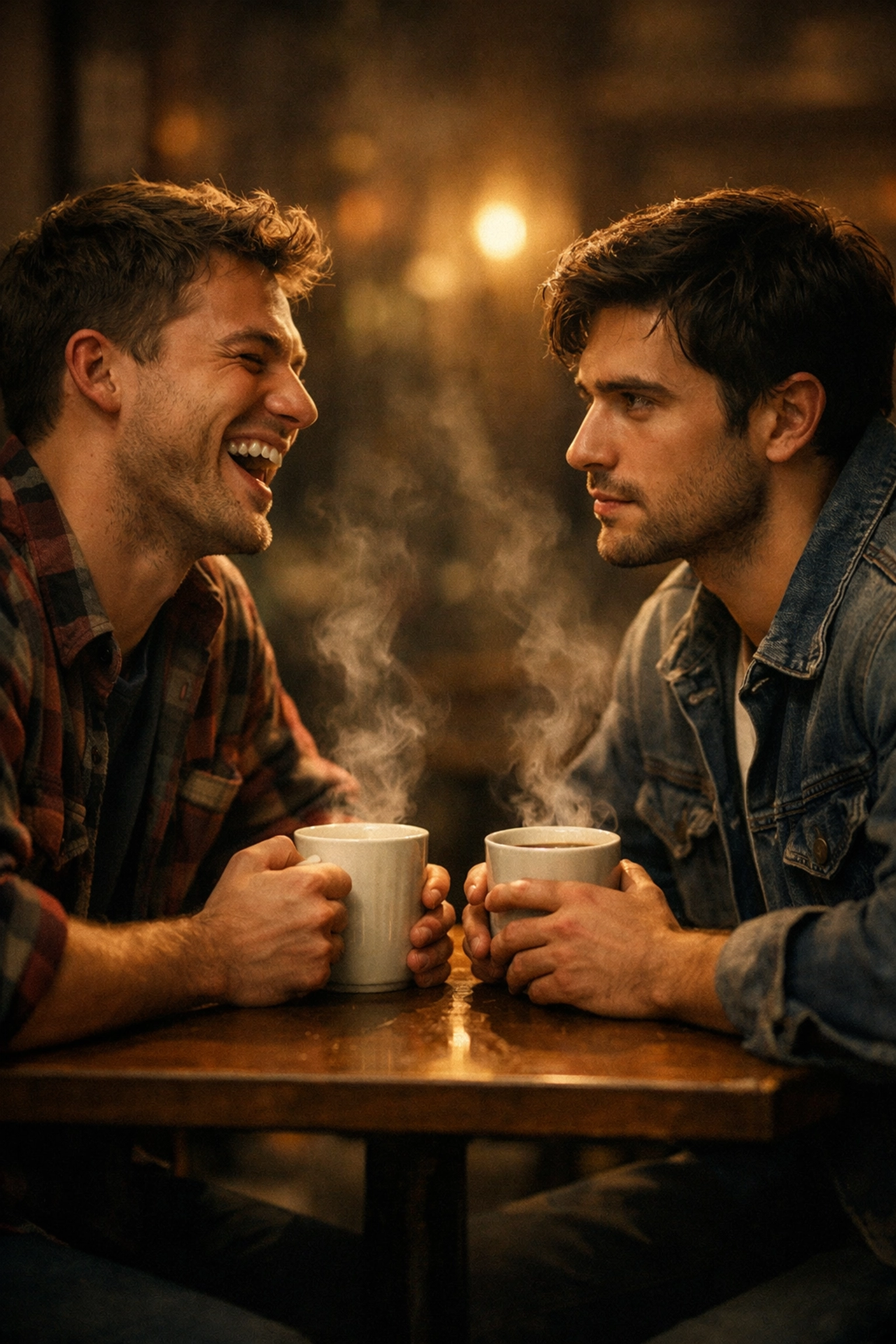 Two men in a cafe sharing an emotional conversation, capturing a moment of realization in a gay love story.