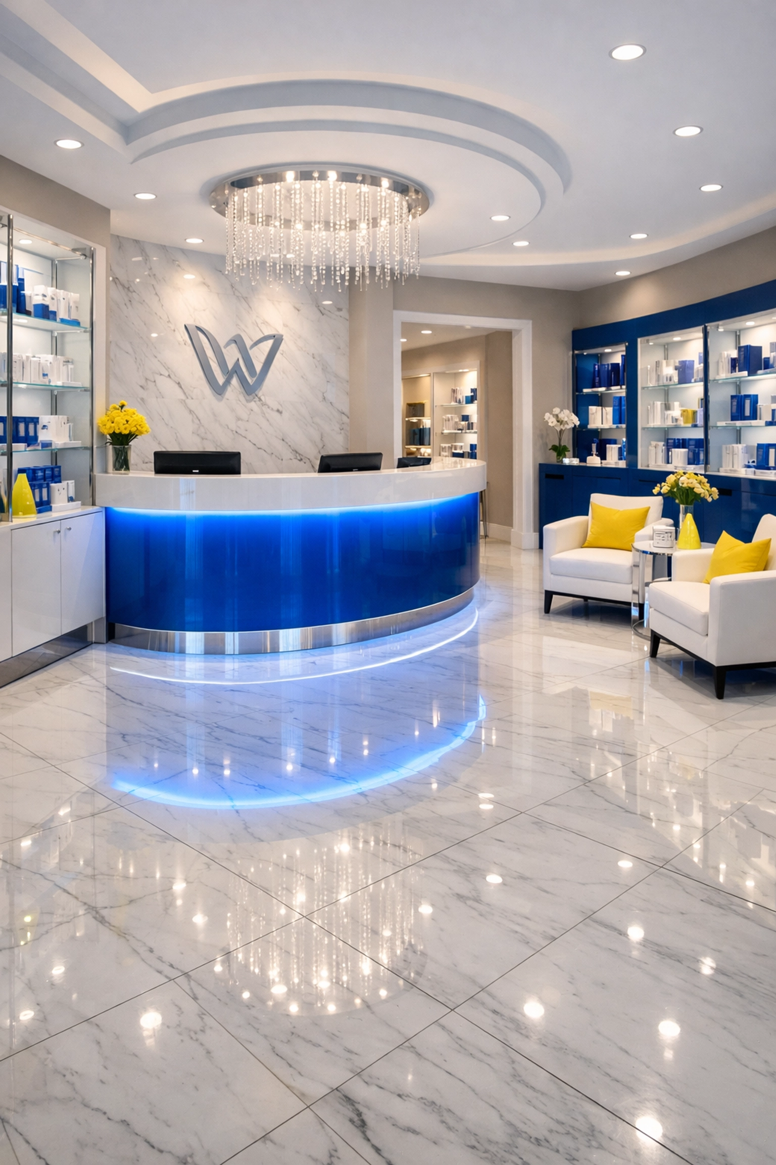 Sanitized and spotless marble floors in a Westborough medical facility after professional cleaning.