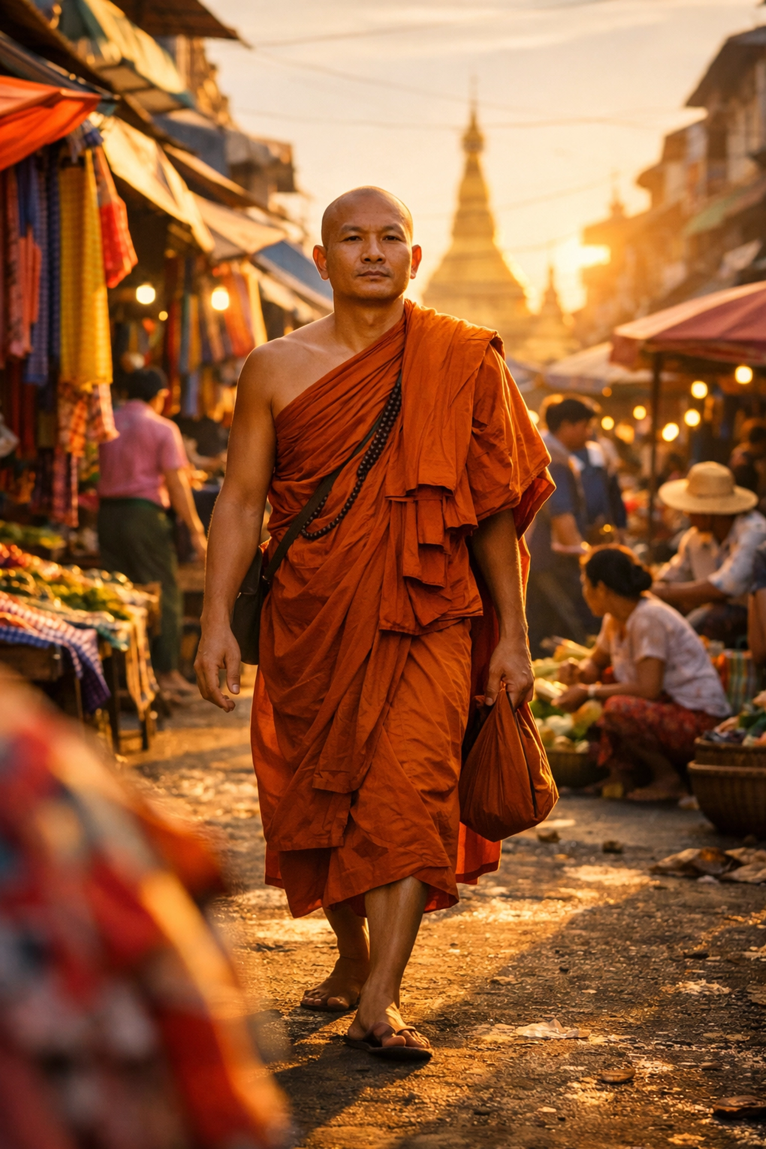 Buddhist monk walking through vibrant Myanmar street market - documentary photography by Dustin Main