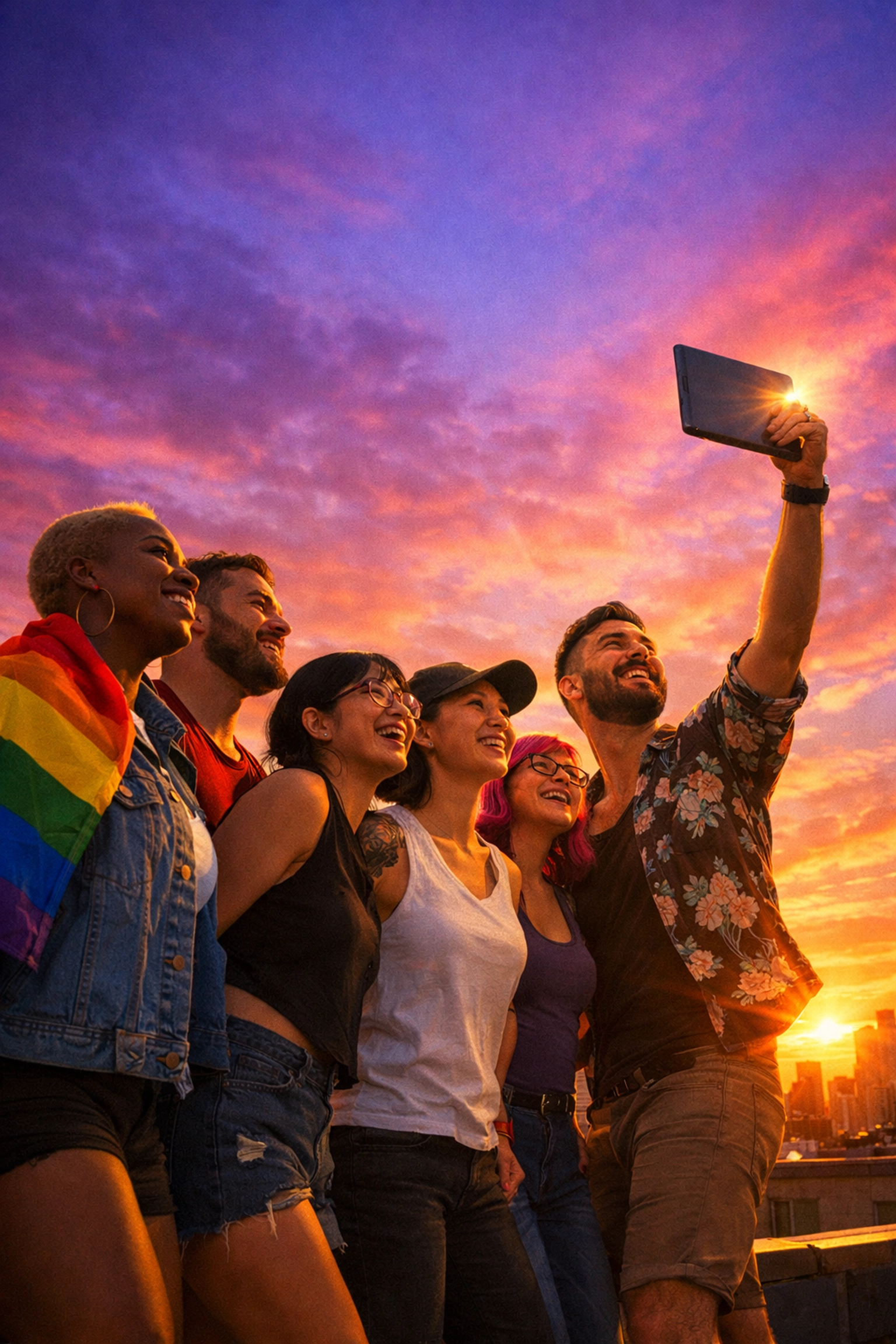A diverse group of queer authors looking toward the horizon, symbolizing a bright future for LGBTQ+ books.