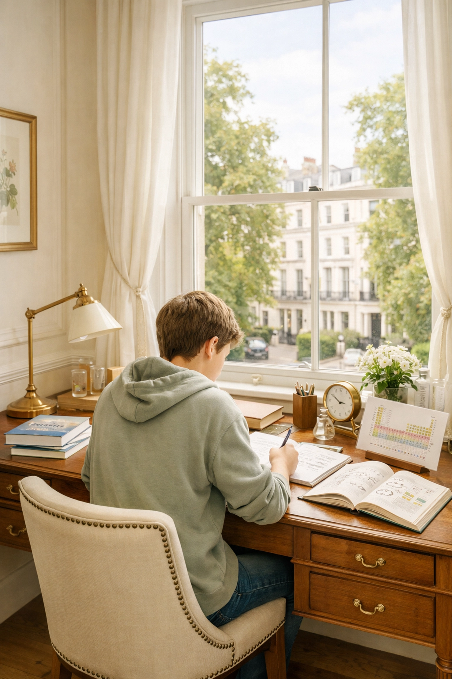 London homeschooling student studying A-Level Chemistry at home desk